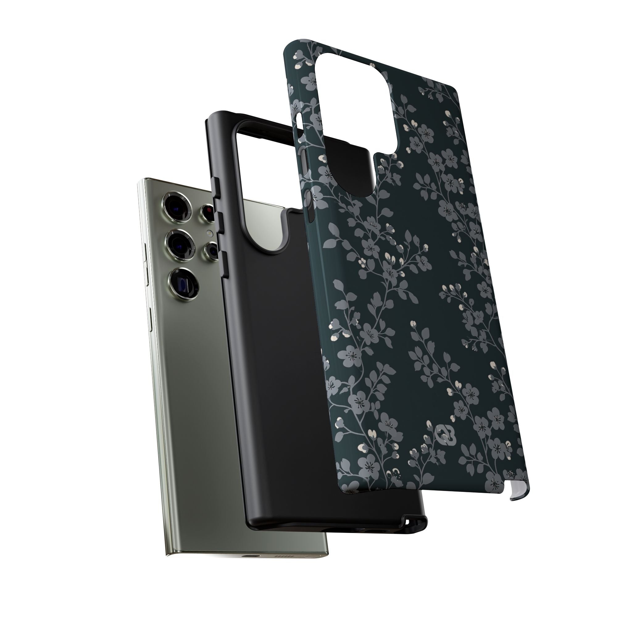 Black Tough Phone Case for Samsung - Midnight Slate Blossom