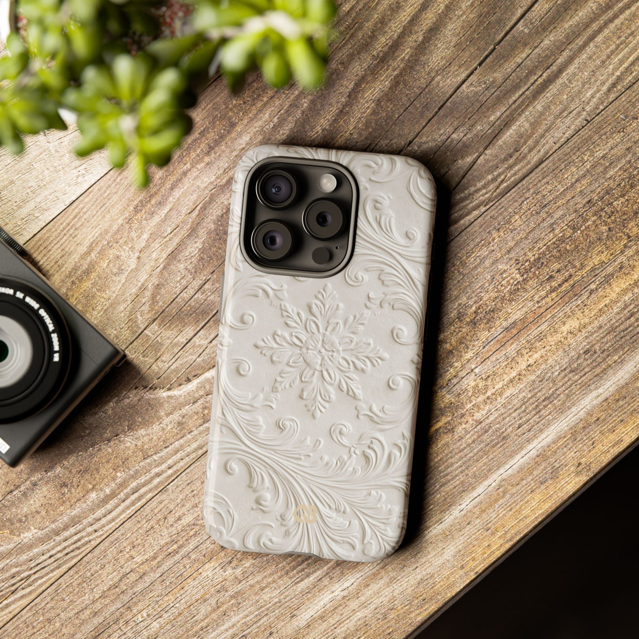 White Tough Phone Case for iPhone - Alabaster Floral Relief
