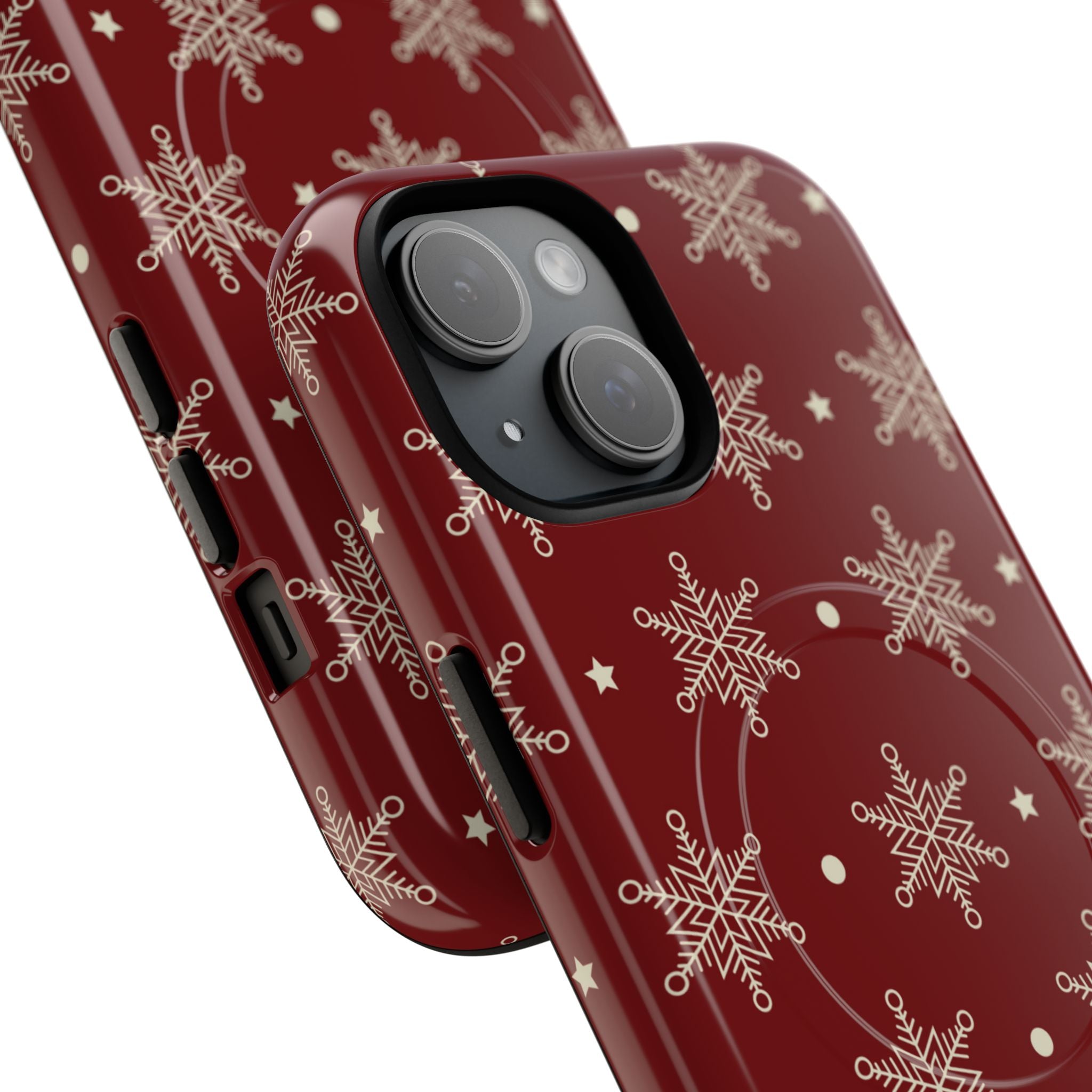 Cream Snowflake Crimson iPhone 15 Skal - Tough+