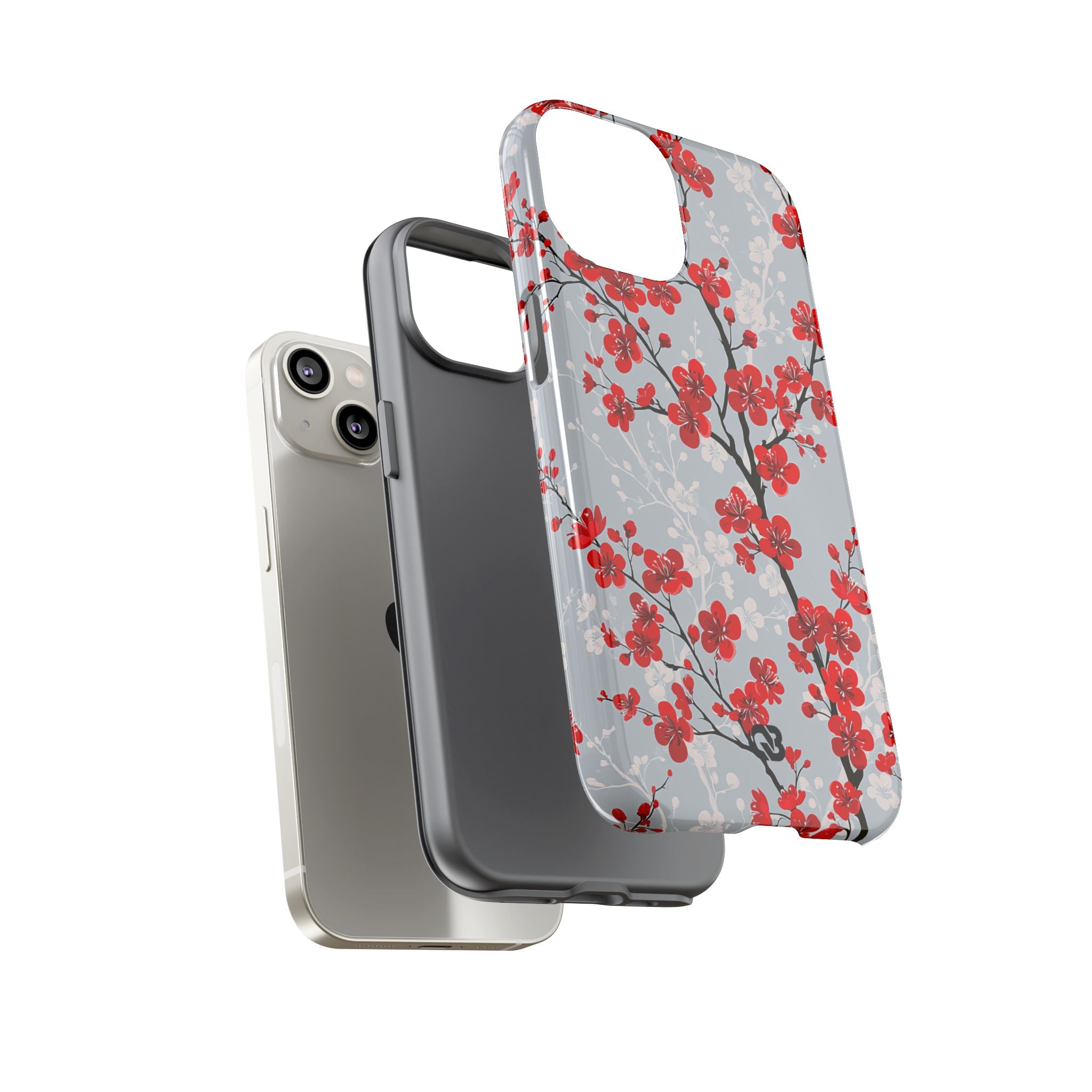 Grey Tough Phone Case for iPhone - Crimson Sakura Slate