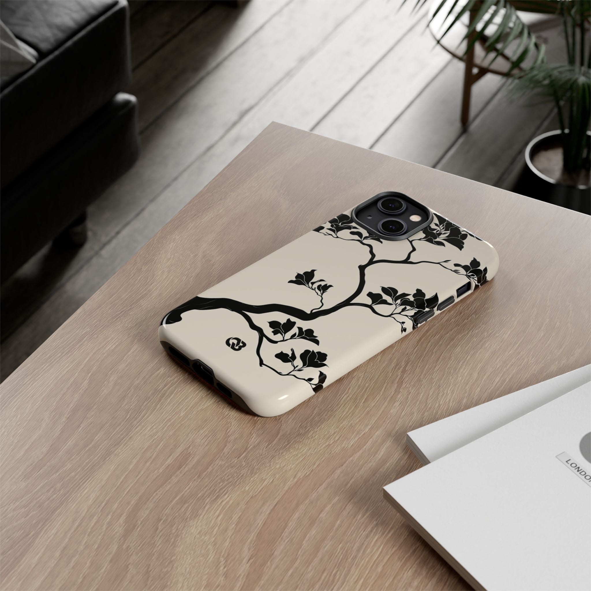 Beige Tough Phone Case for iPhone - Obsidian Bonsai Silhouette