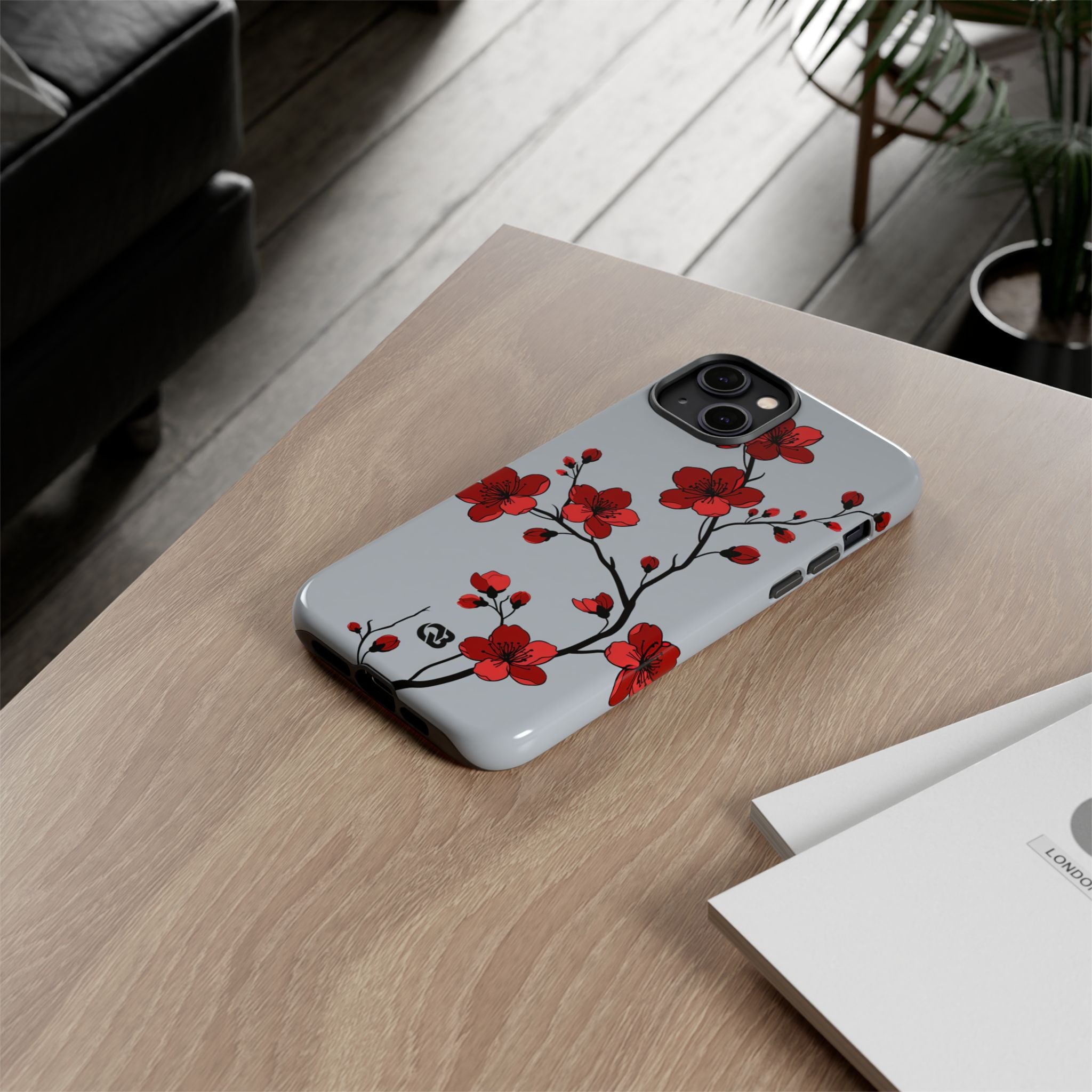 Grey Tough Phone Case for iPhone - Crimson Blossom Onyx