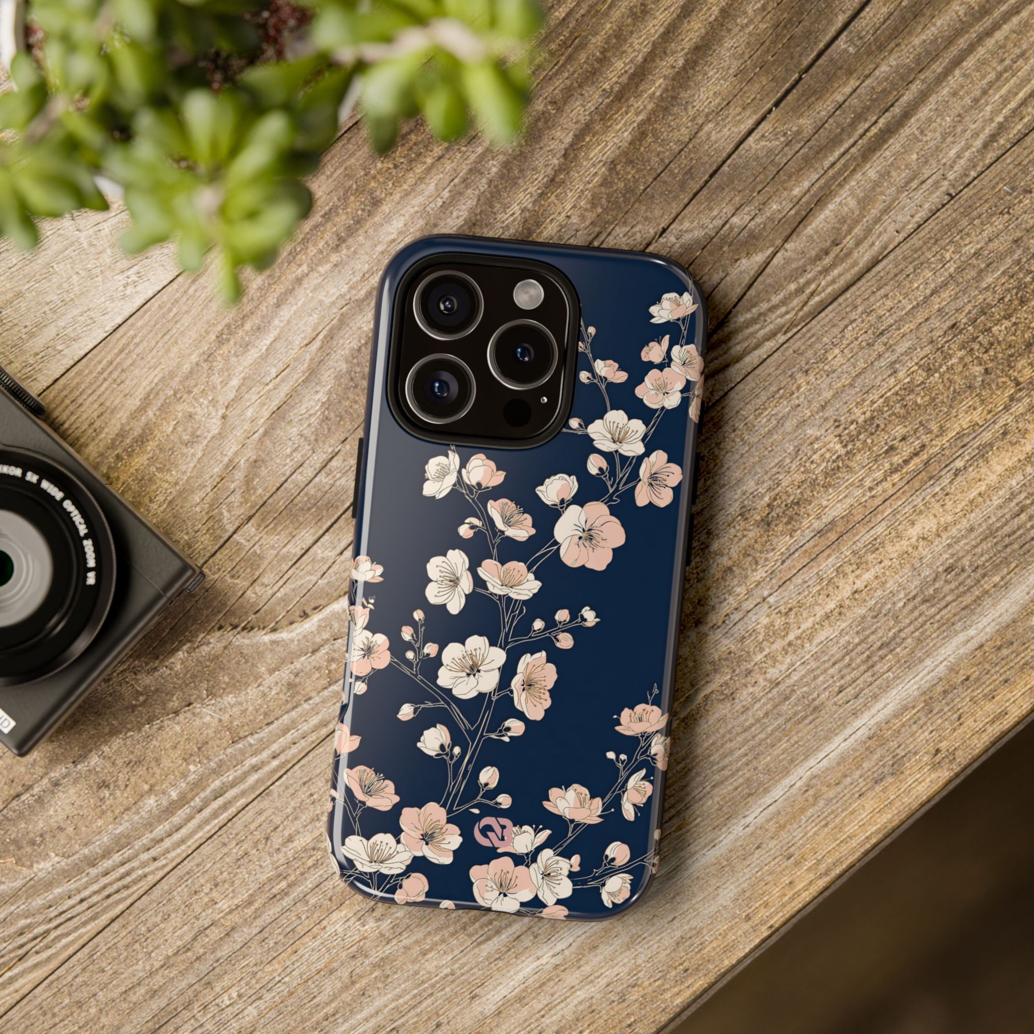 Blue Tough Phone Case for iPhone - Midnight Peach Sakura