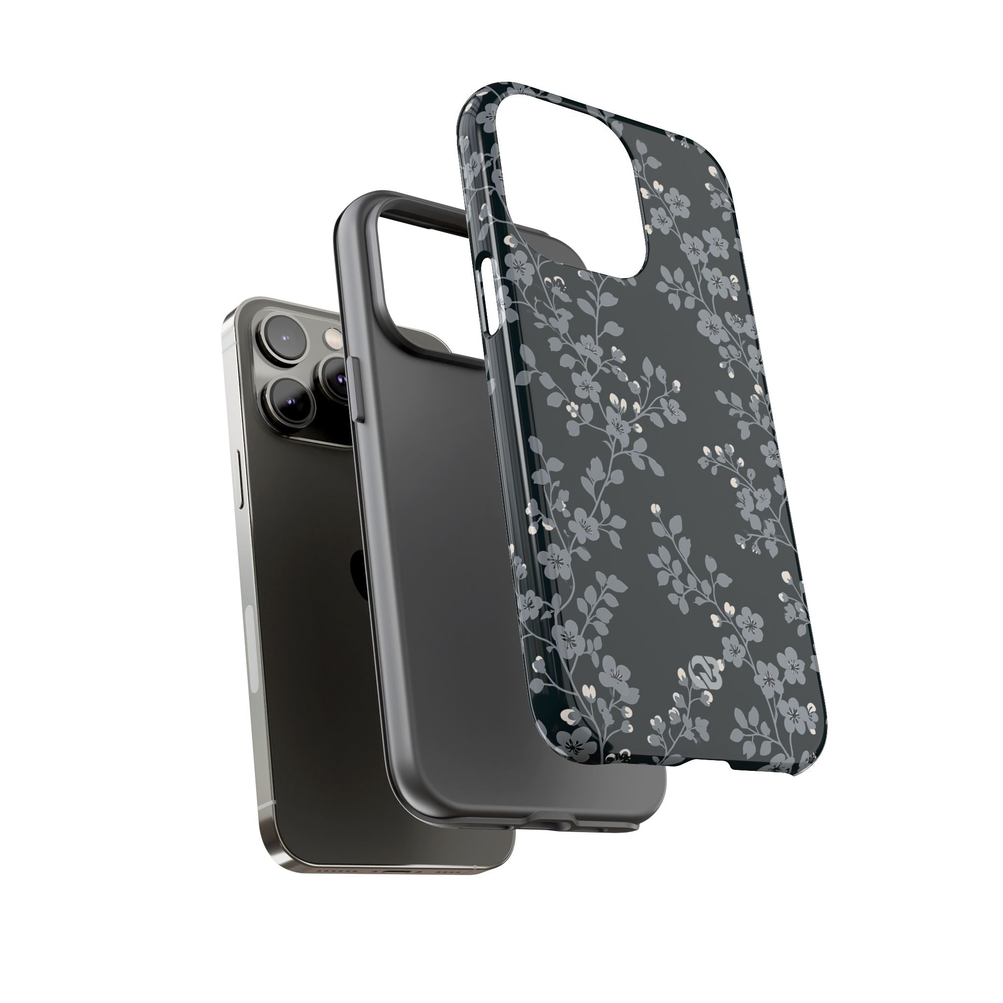 Black Tough Phone Case for iPhone - Midnight Slate Blossom