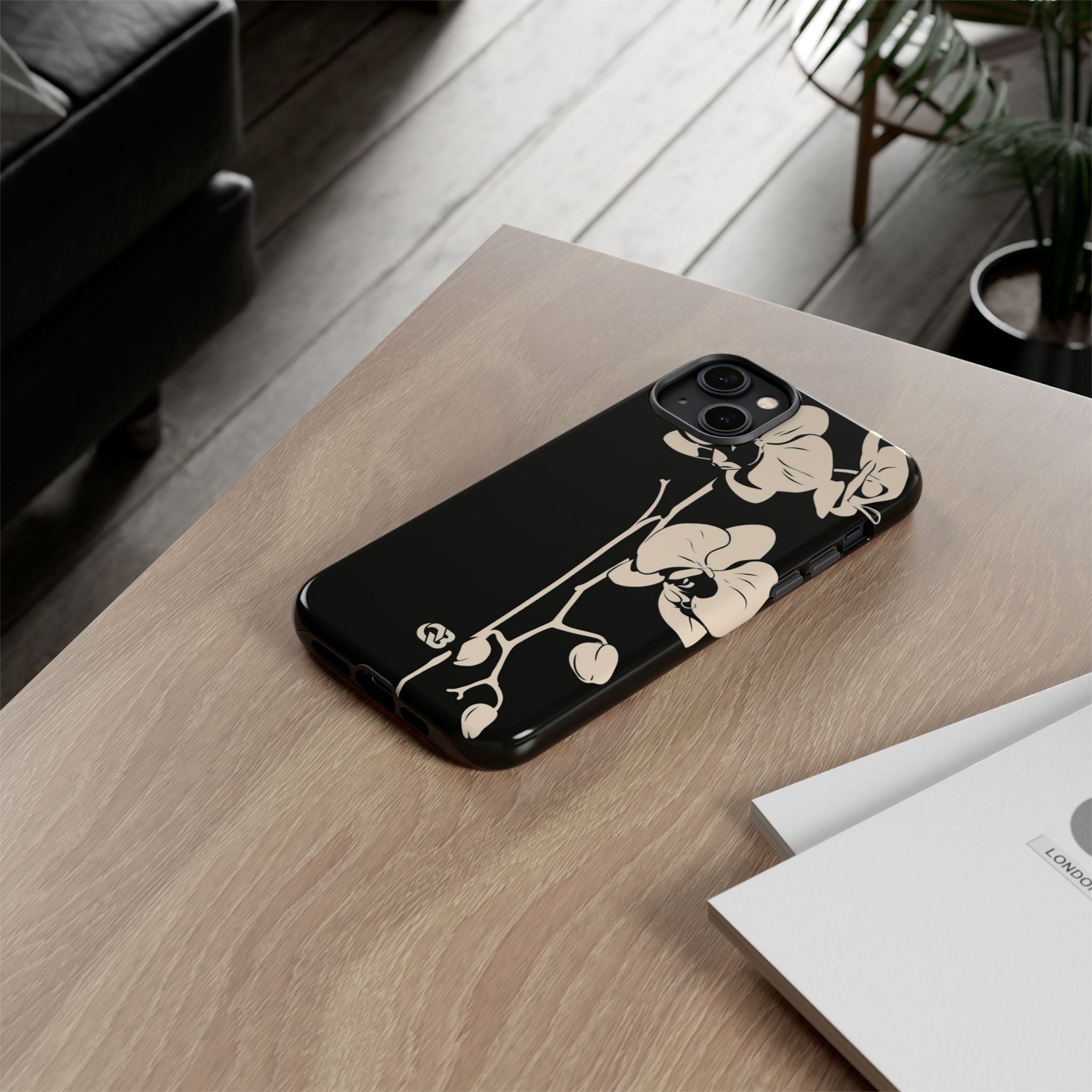Black Tough Phone Case for iPhone - Obsidian Bone Orchid