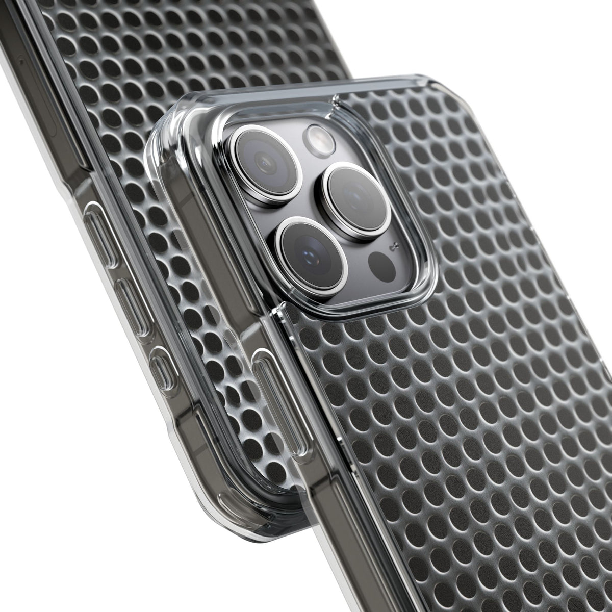 Brushed Perforated Steel · Clear Impact Magnetic Phone Case for iPhone · Silver