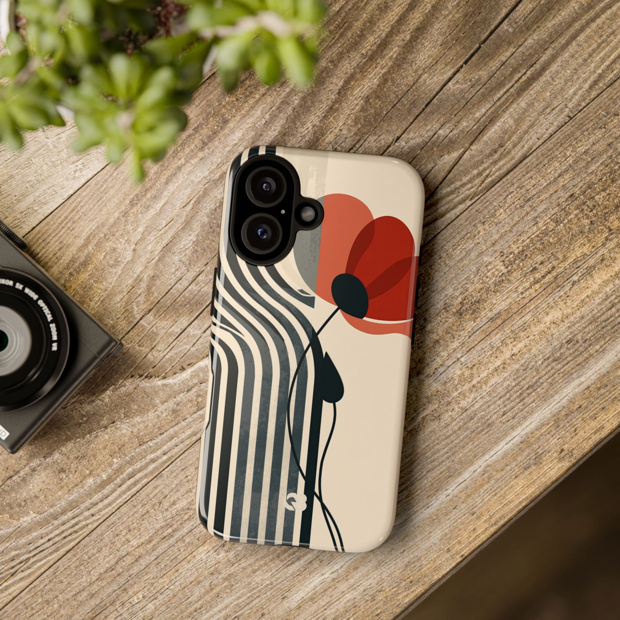 Beige Tough Phone Case for iPhone - Crimson Line Bloom