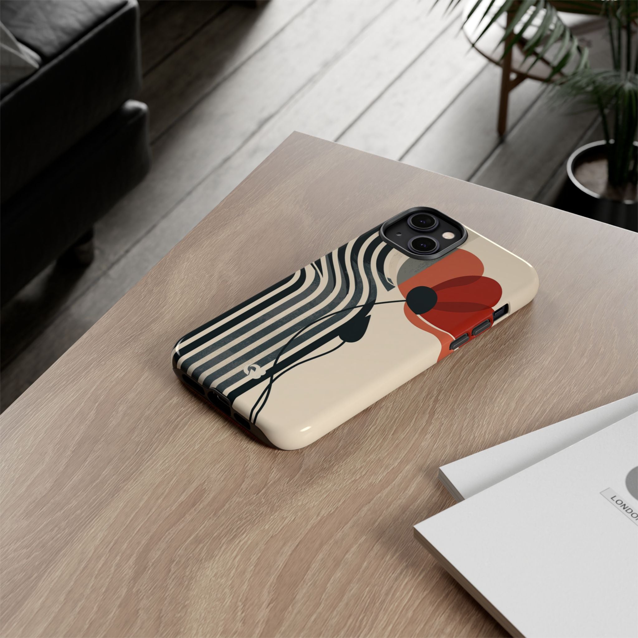Beige Tough Phone Case for iPhone - Crimson Line Bloom