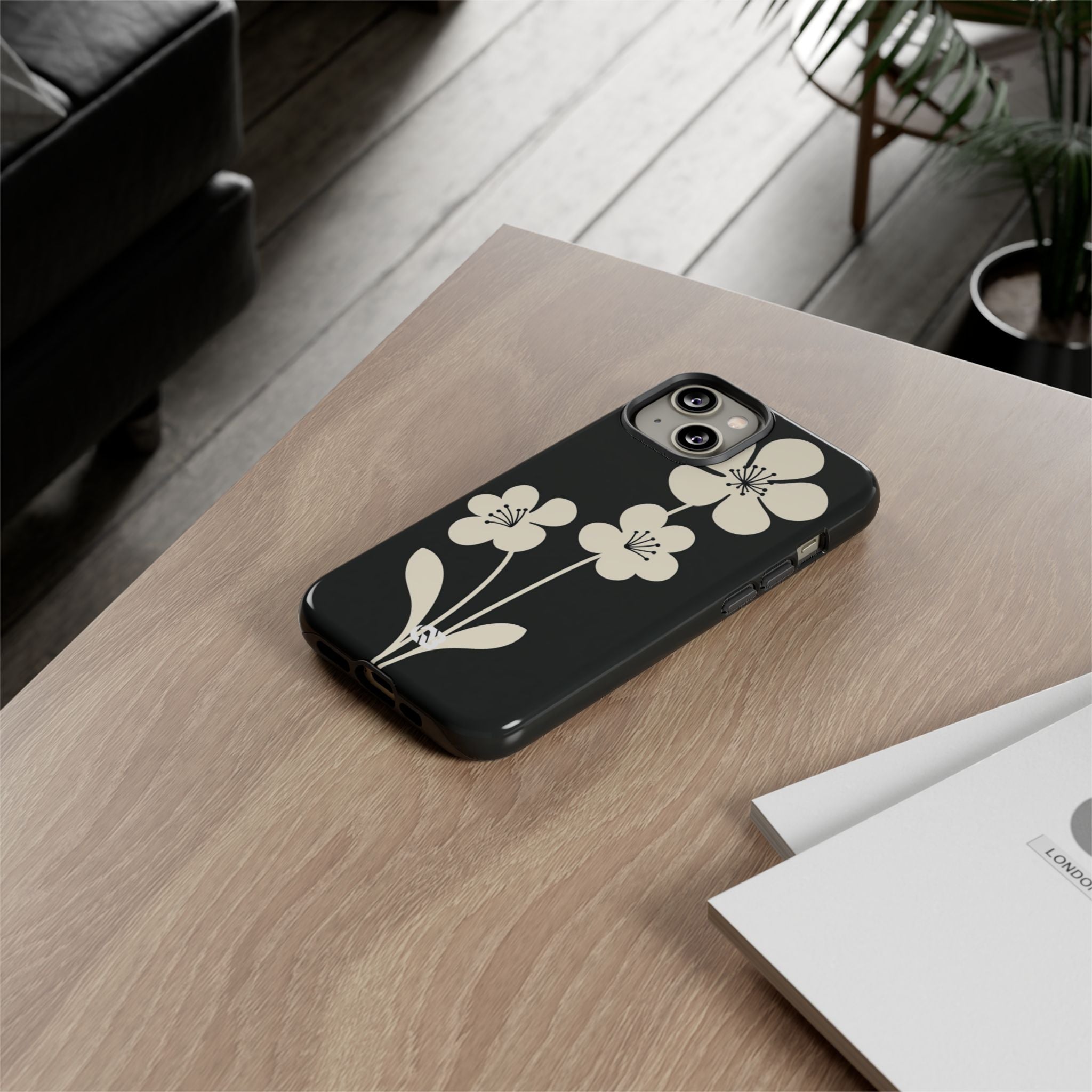 Black Tough Phone Case for iPhone - Obsidian Cream Bloom