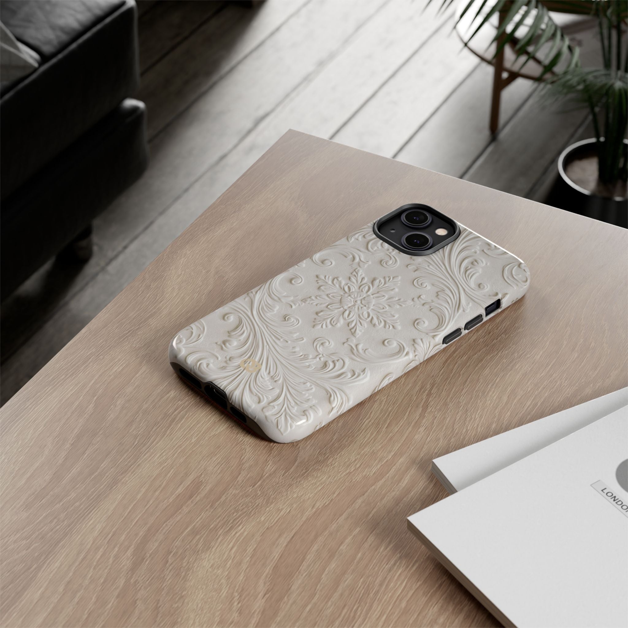 White Tough Phone Case for iPhone - Alabaster Floral Relief