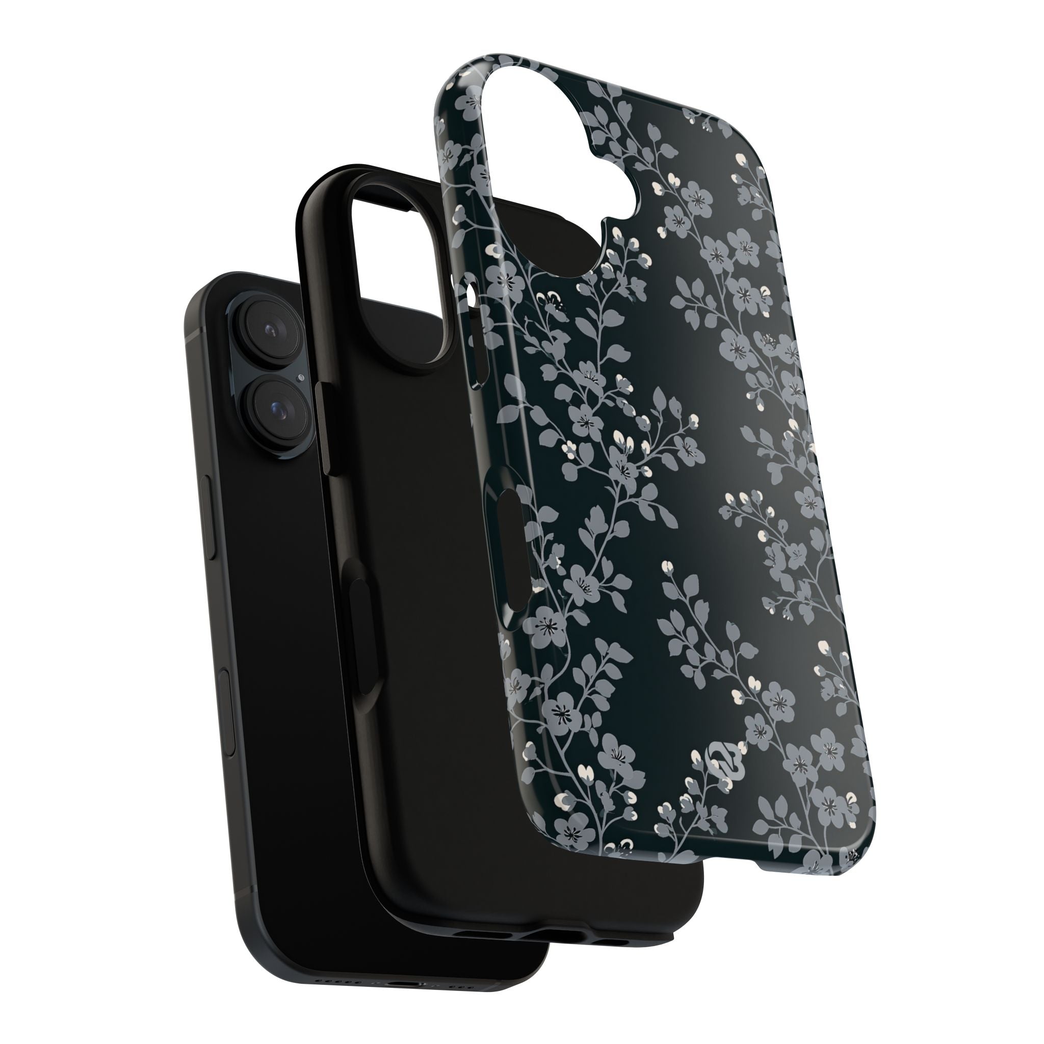 Black Tough Phone Case for iPhone - Midnight Slate Blossom