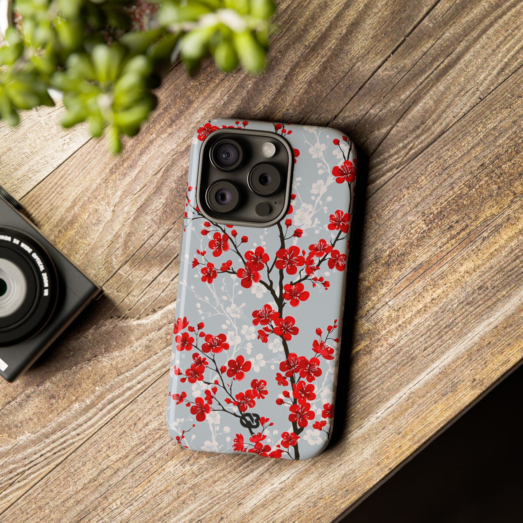 Grey Tough Phone Case for iPhone - Crimson Sakura Slate
