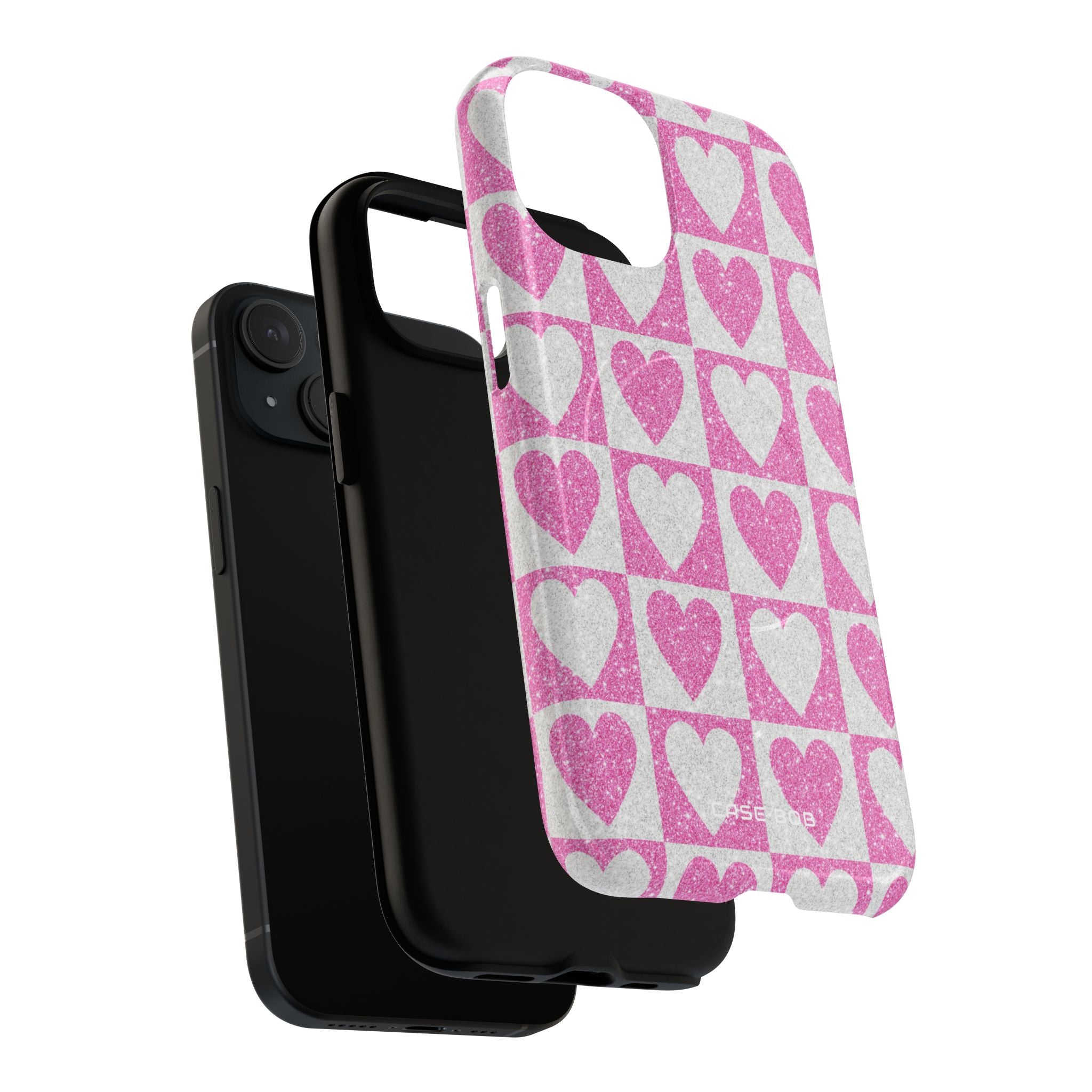 Glitter Heart Grid iPhone 15 Skal - Tough+