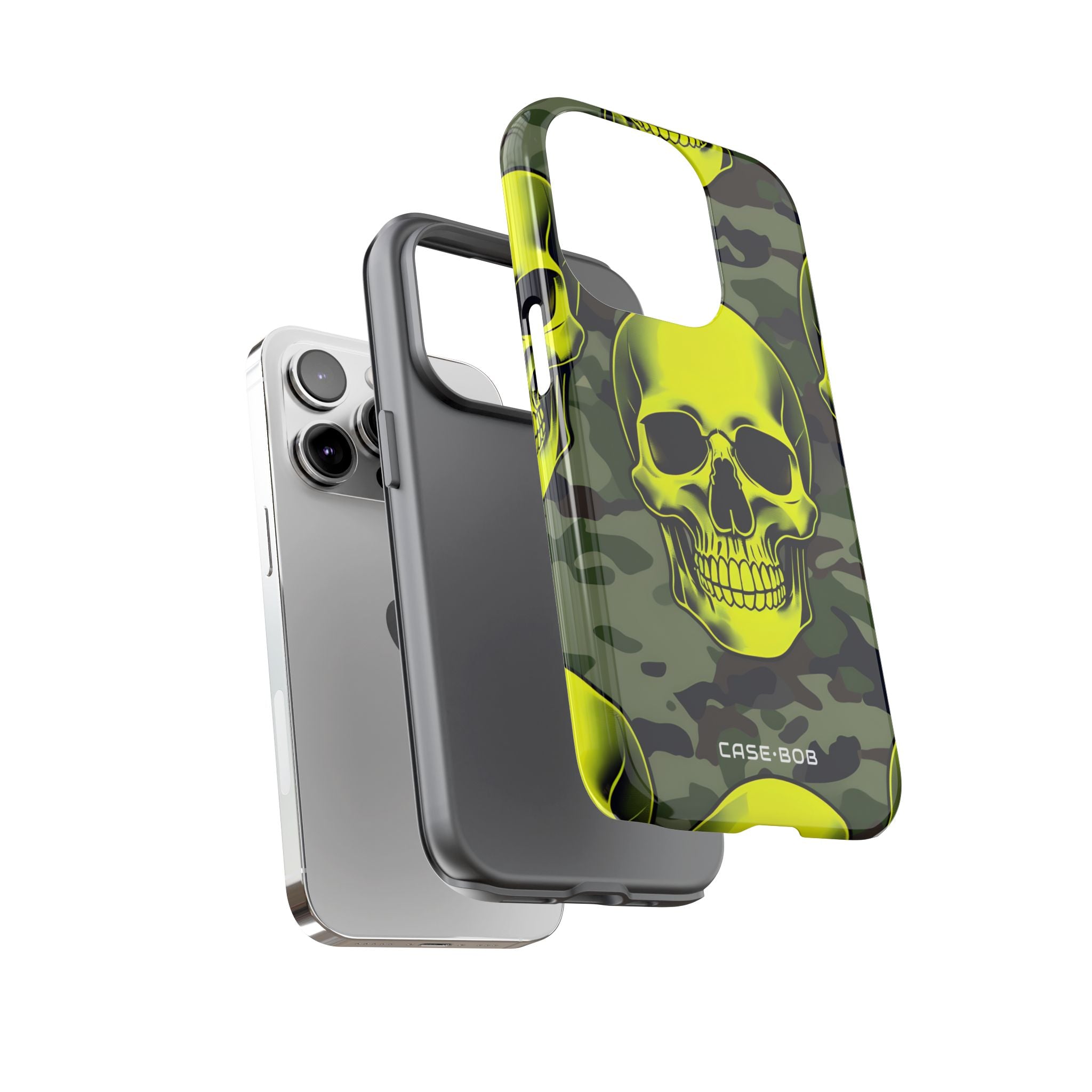 Neon Skull Camo iPhone 14 Pro - Kova suojakotelo
