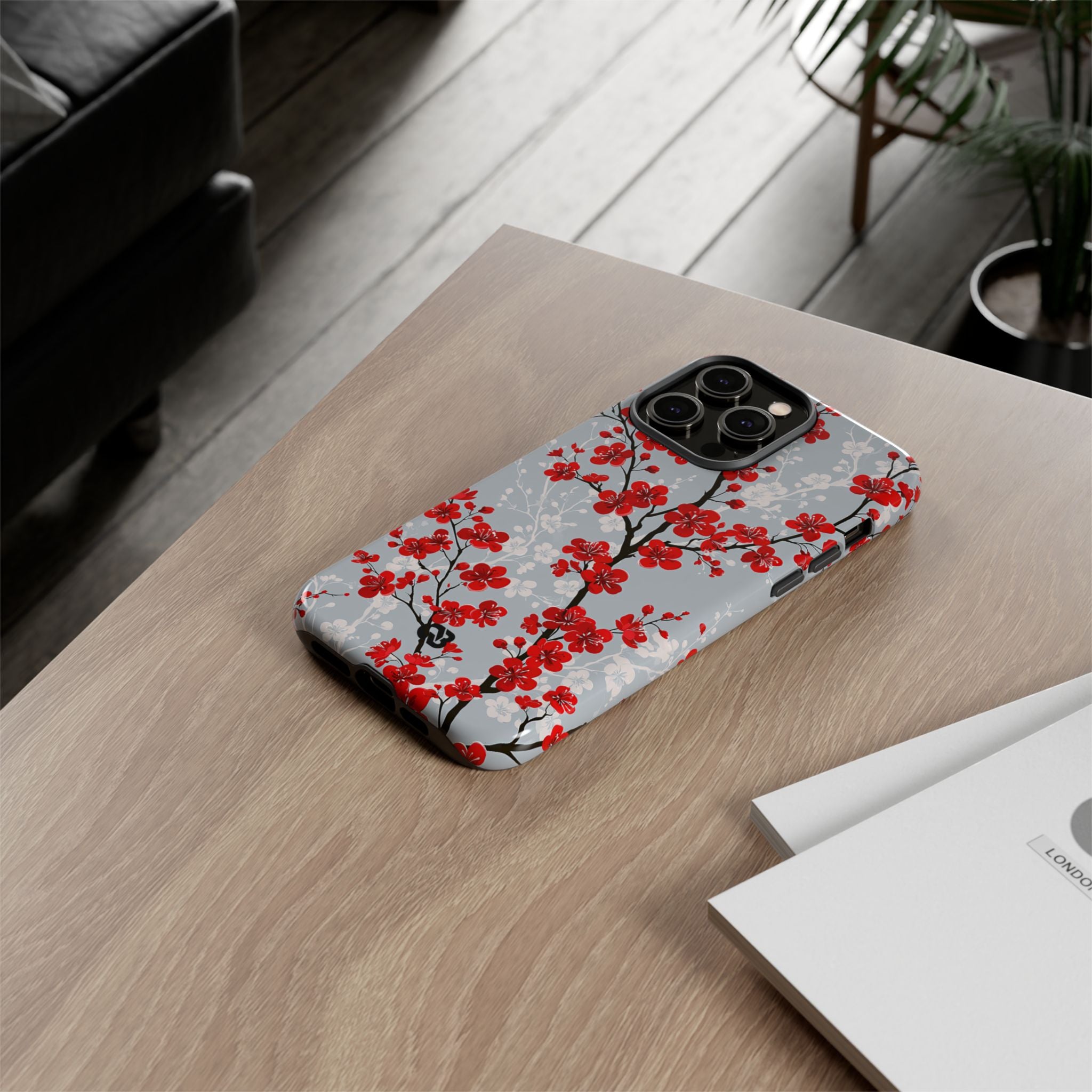 Grey Tough Phone Case for iPhone - Crimson Sakura Slate