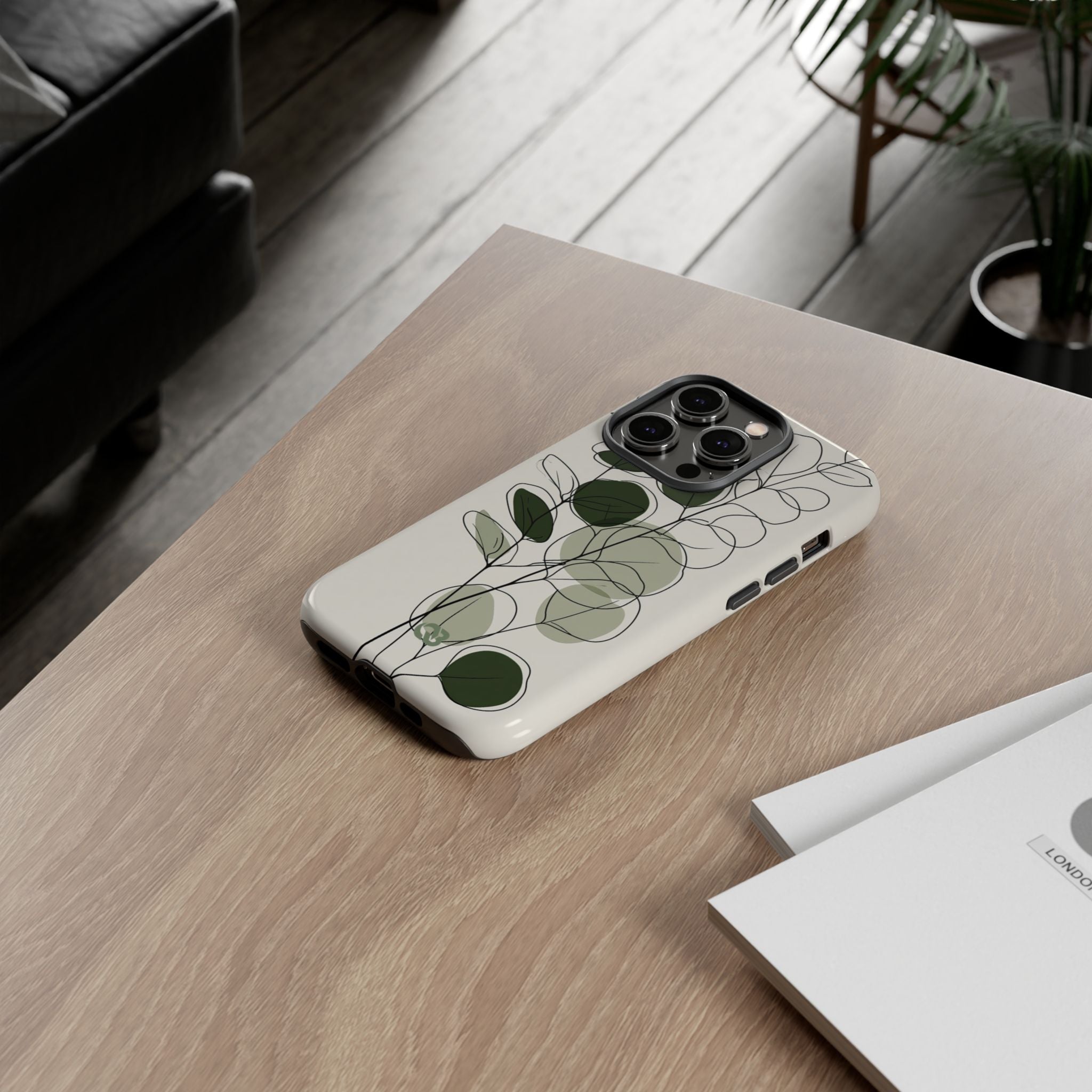Green Tough Phone Case for iPhone - Muted Eucalyptus Sketch