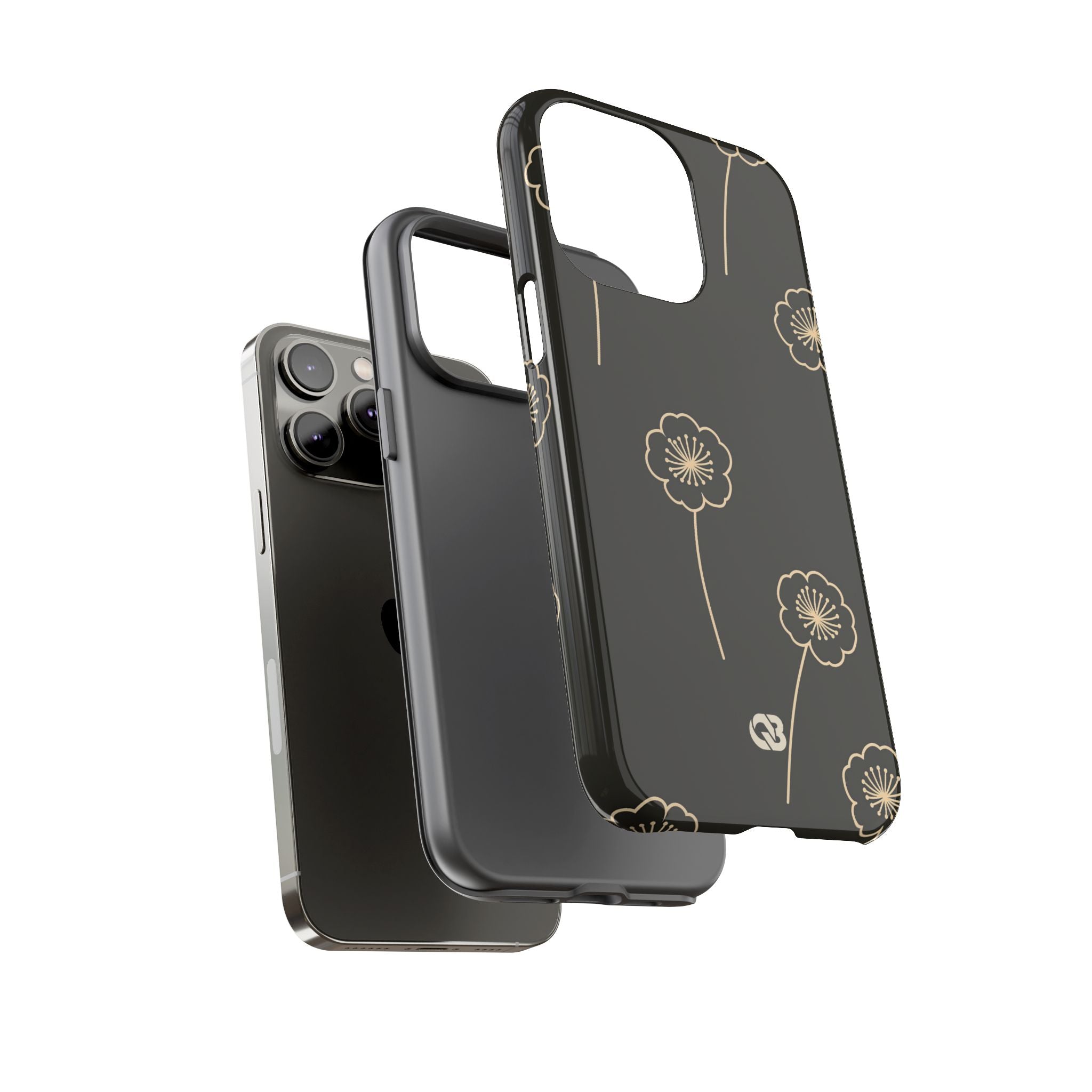 Black Tough Phone Case for iPhone - Obsidian Sand Petals
