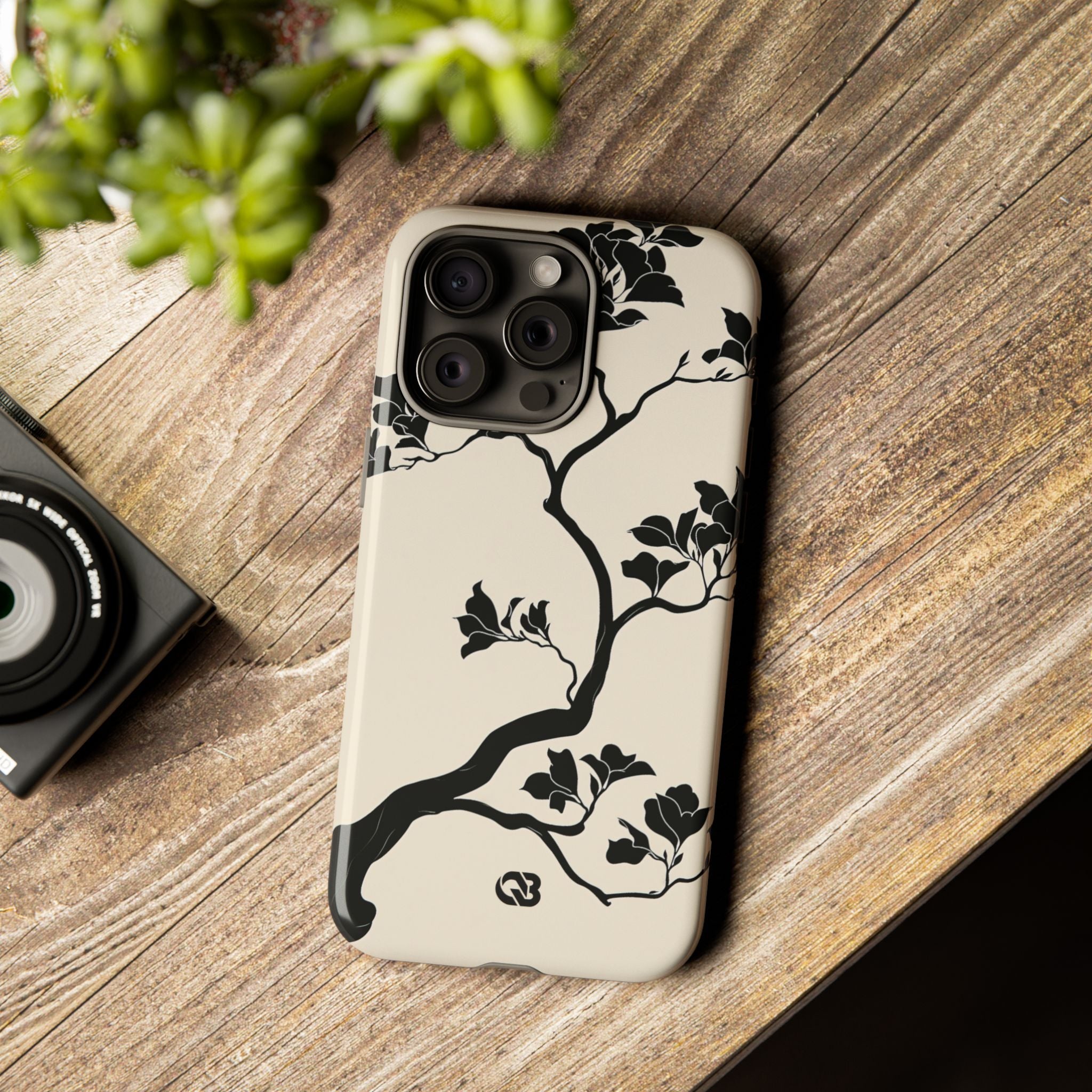 Beige Tough Phone Case for iPhone - Obsidian Bonsai Silhouette
