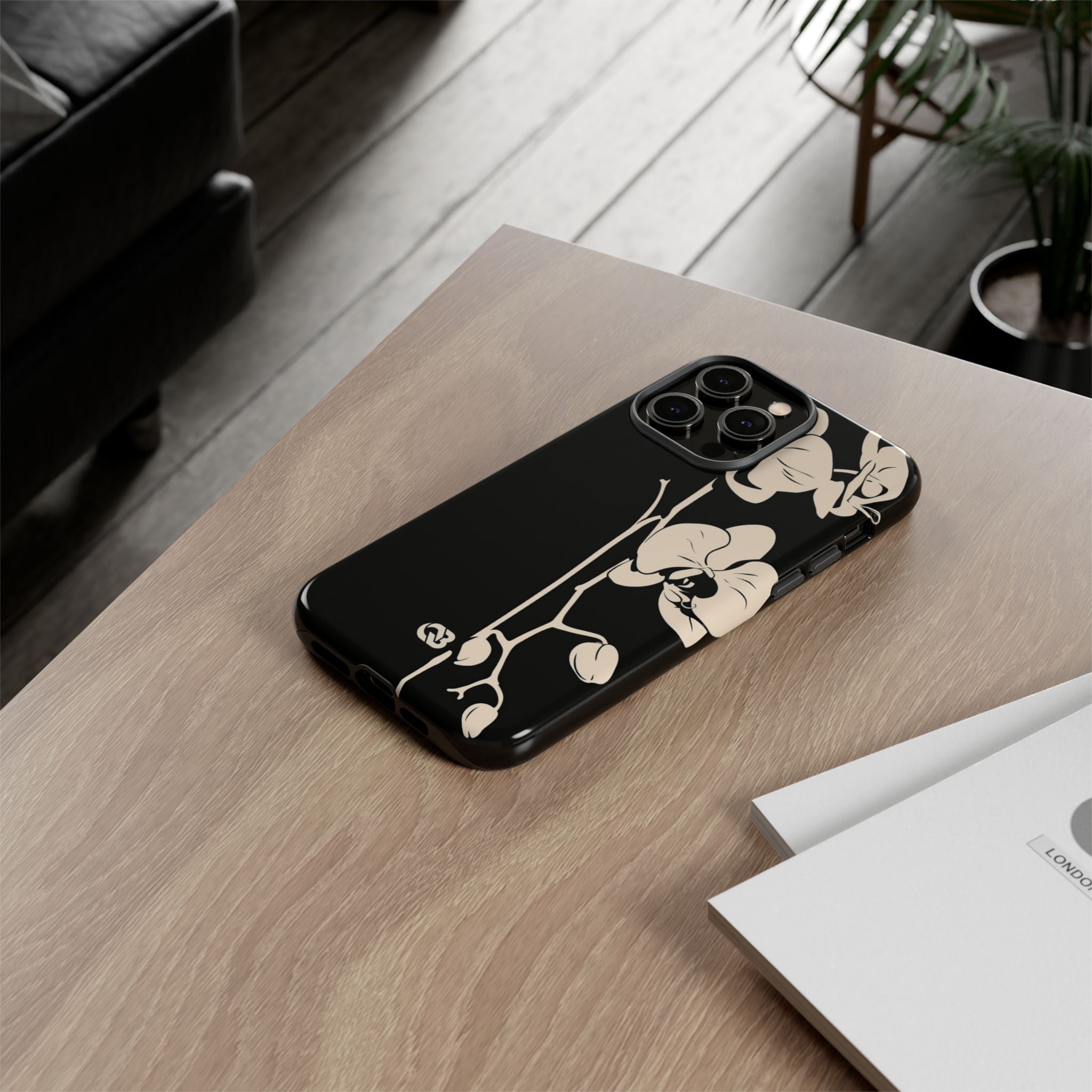 Black Tough Phone Case for iPhone - Obsidian Bone Orchid