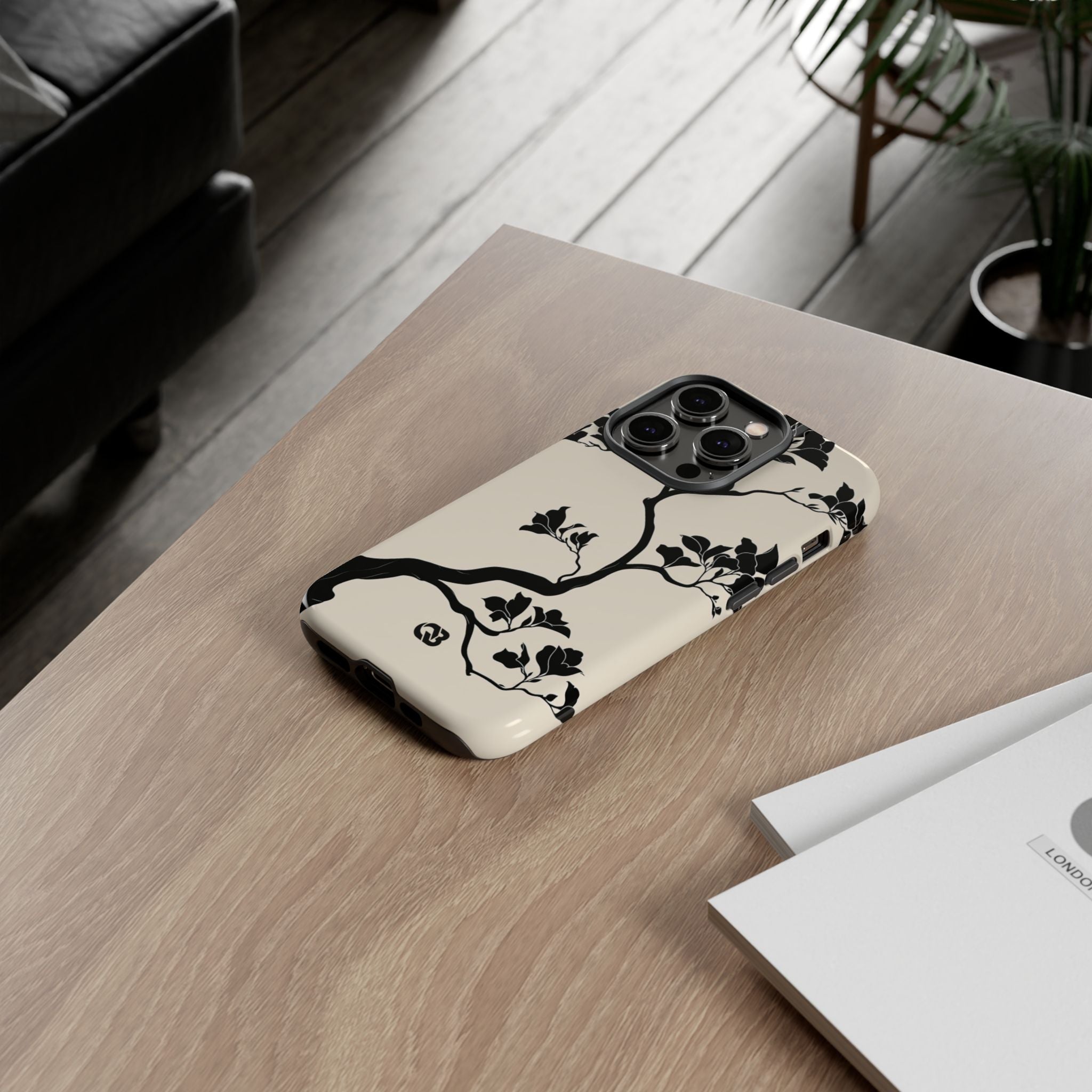 Beige Tough Phone Case for iPhone - Obsidian Bonsai Silhouette