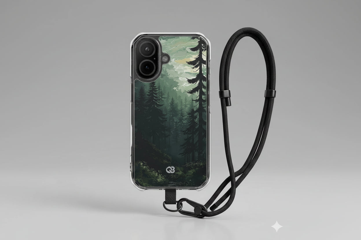 Phone case with forest design and neck strap on a gray background