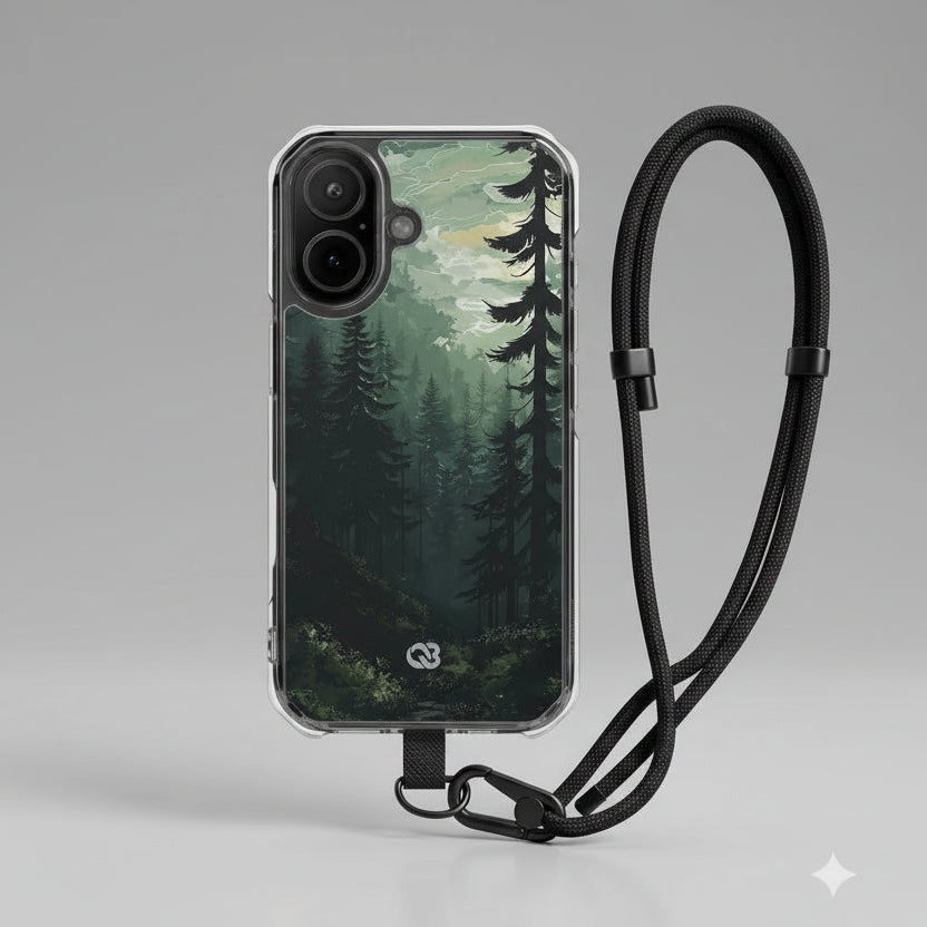 Phone case with forest design and neck strap on a gray background