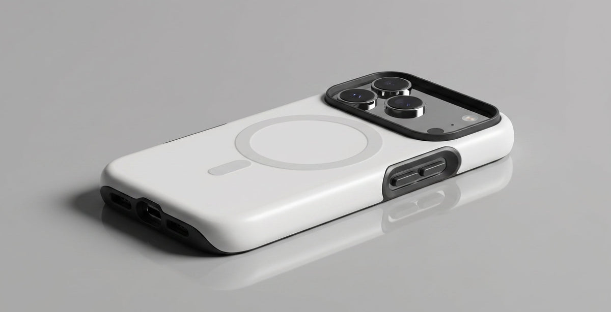 A white MagSafe-compatible phone case with a black camera bumper and side button cover, shown on a reflective gray surface.