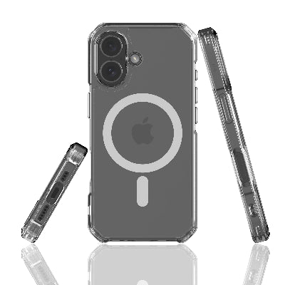 Clear phone case with MagSafe design on a white background