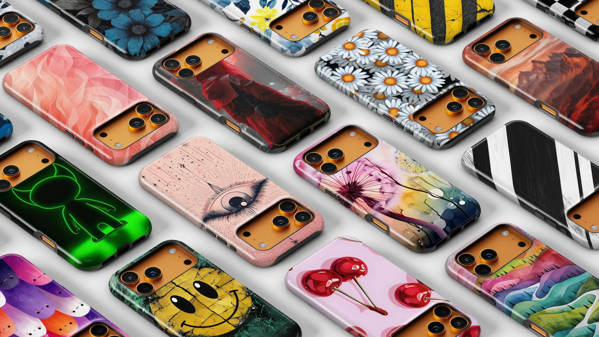 Modern iPhone case designs with clean lines, bold colors, and artistic patterns