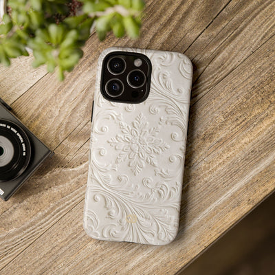 White Tough Phone Case for iPhone - Alabaster Floral Relief