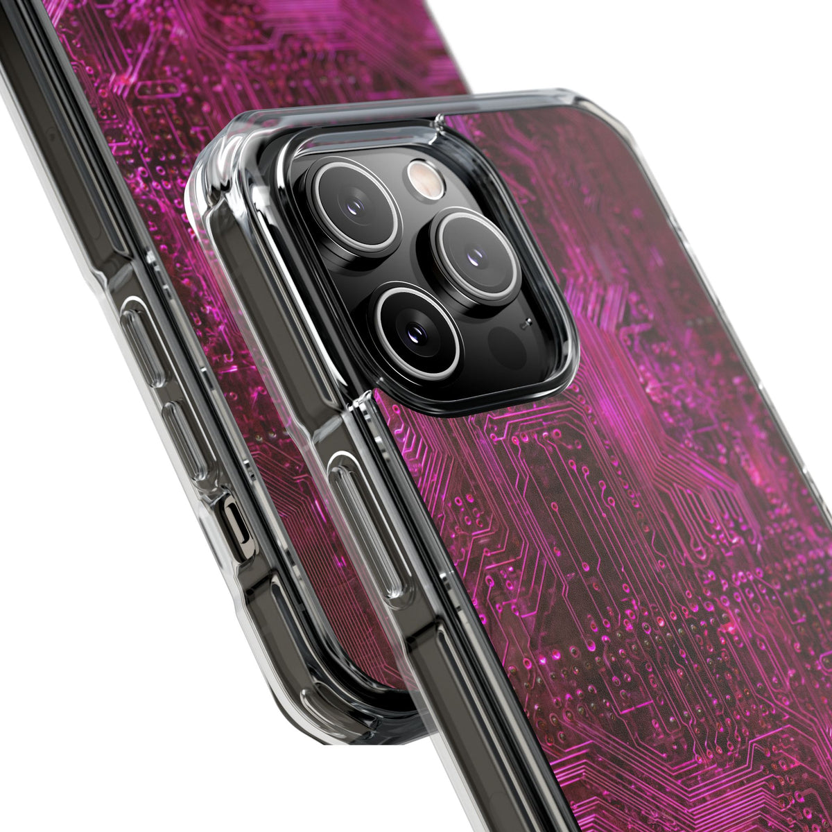Magenta Circuit Trace · Clear Impact Magnetic Phone Case for iPhone · Pink