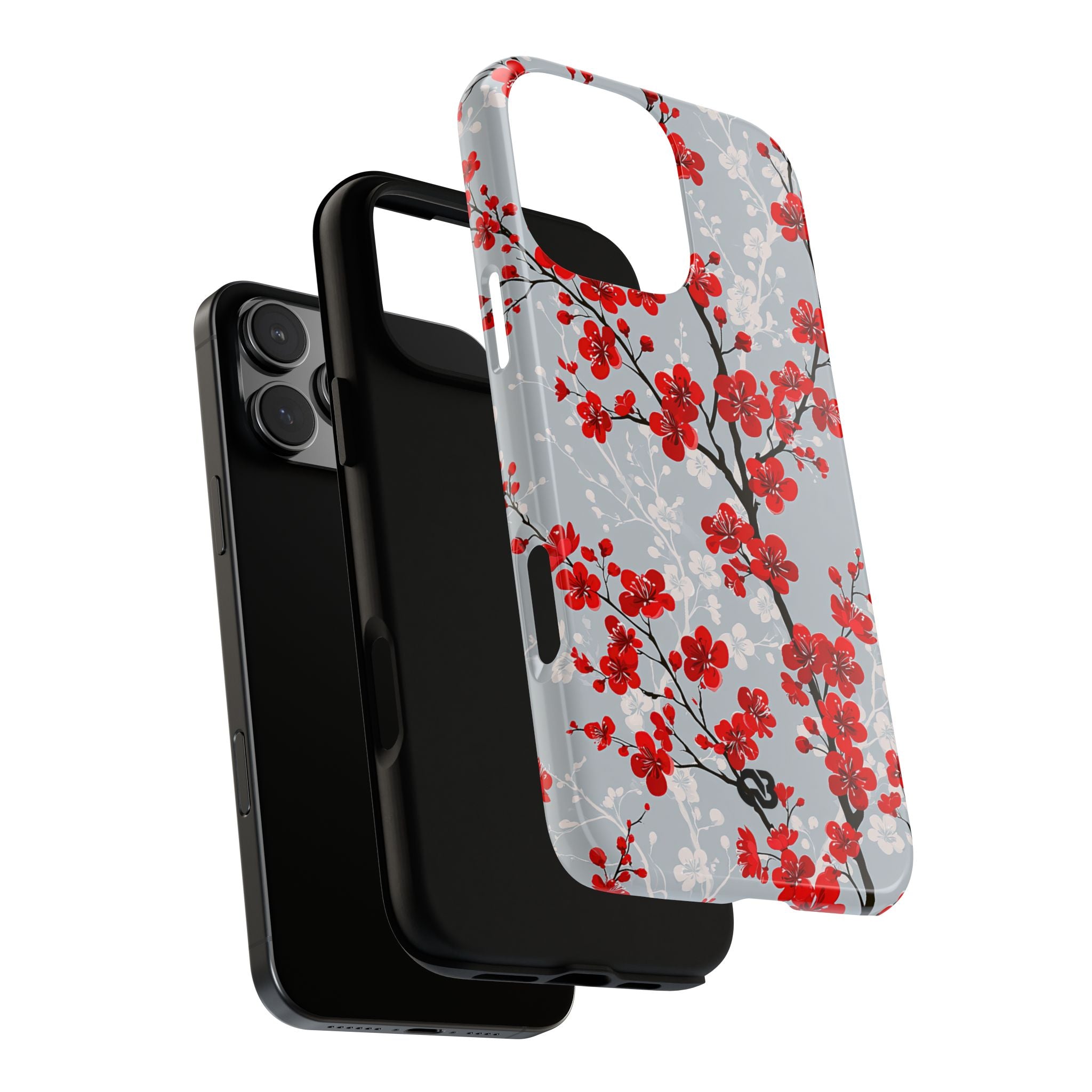 Grey Tough Phone Case for iPhone - Crimson Sakura Slate