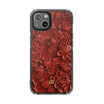 Cinnabar Peony Relief · Clear Impact Magnetic Phone Case for iPhone · Red