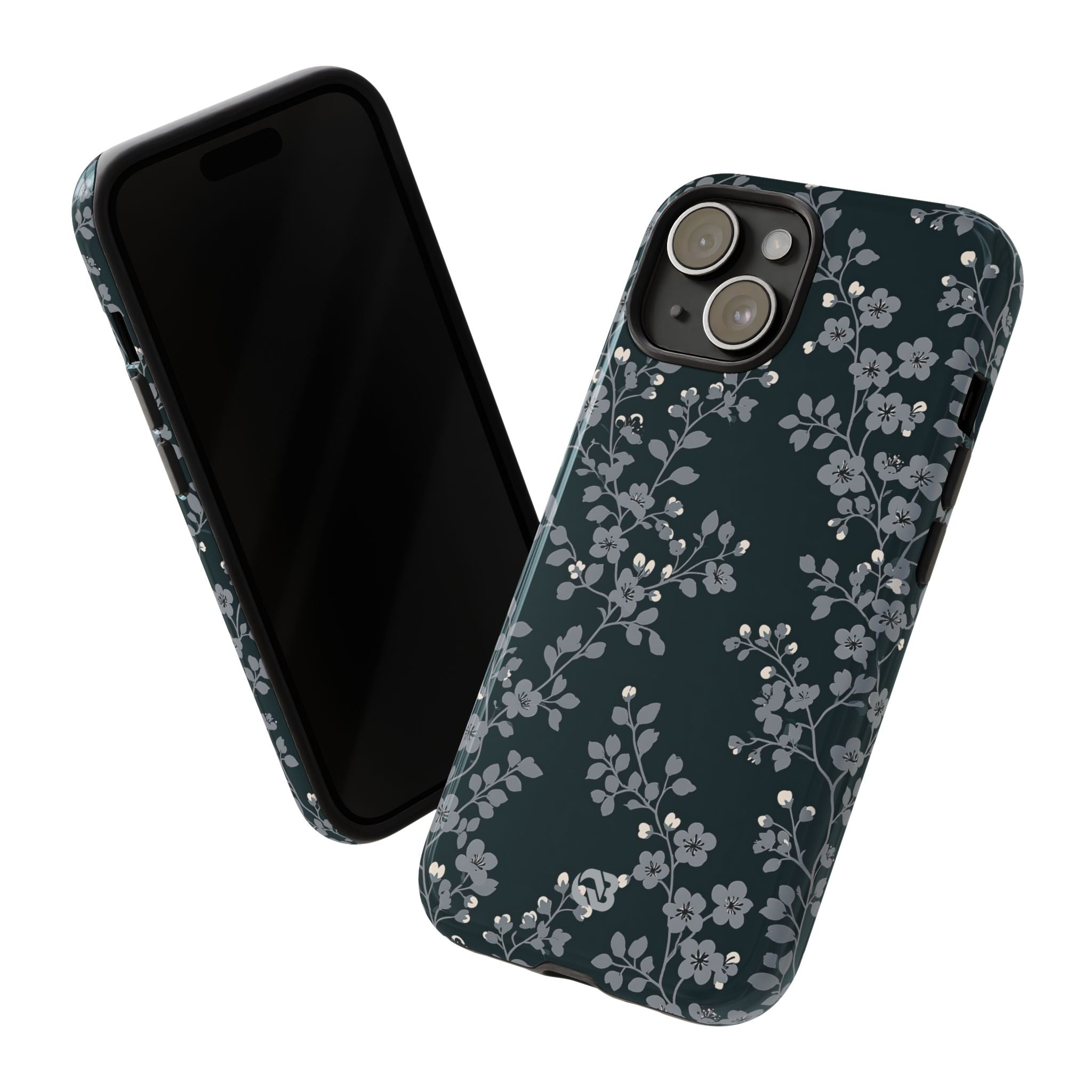 Black Tough Phone Case for iPhone - Midnight Slate Blossom