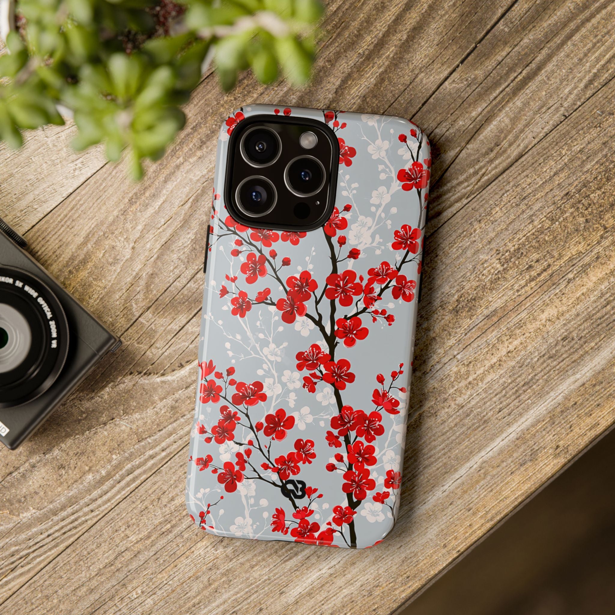 Grey Tough Phone Case for iPhone - Crimson Sakura Slate
