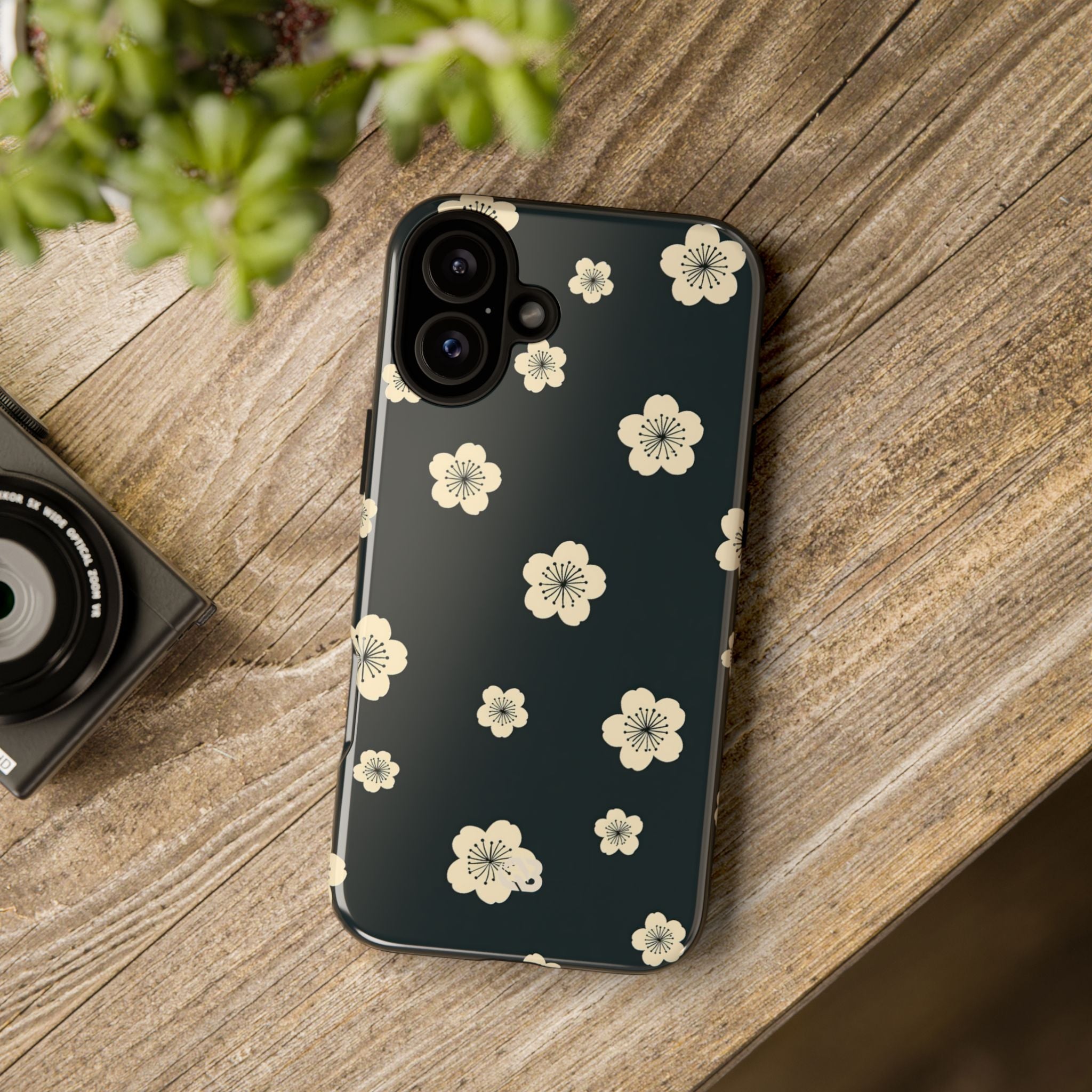 Teal Tough Phone Case for iPhone - Obsidian Cream Petals