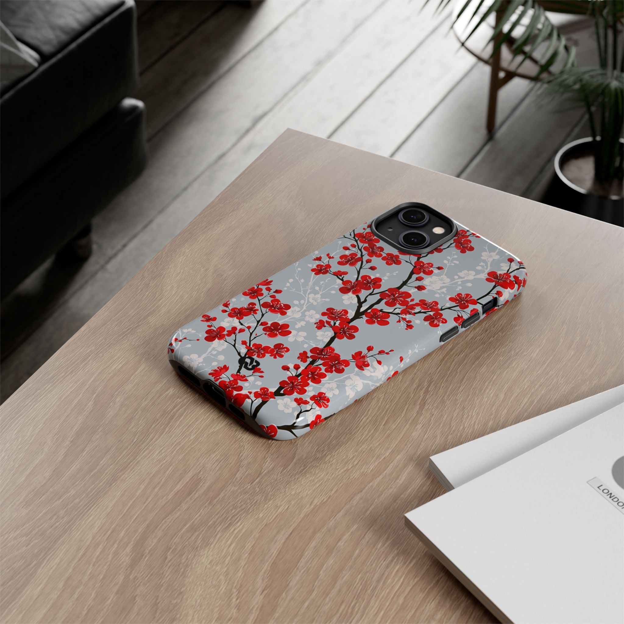 Grey Tough Phone Case for iPhone - Crimson Sakura Slate