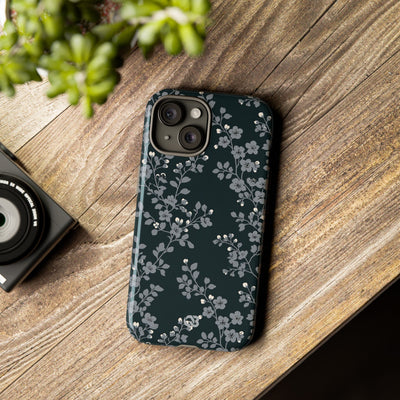 Black Tough Phone Case for iPhone - Midnight Slate Blossom