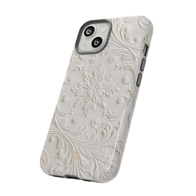 White Tough Phone Case for iPhone - Alabaster Floral Relief