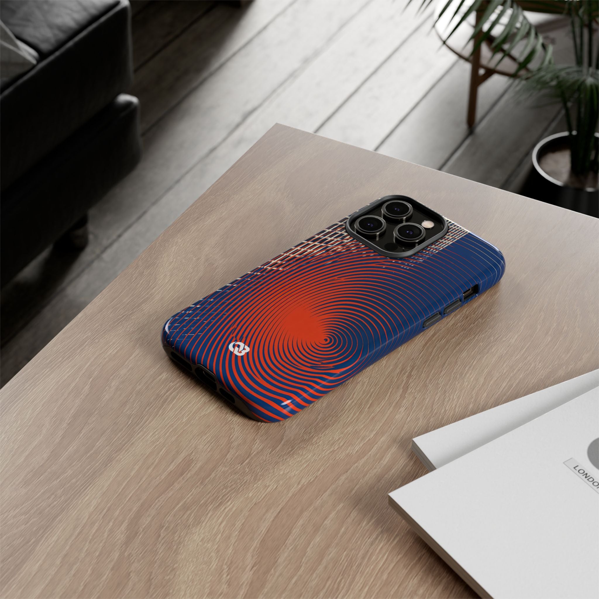 Blue Tough Phone Case for iPhone - Orange Orbit Grid