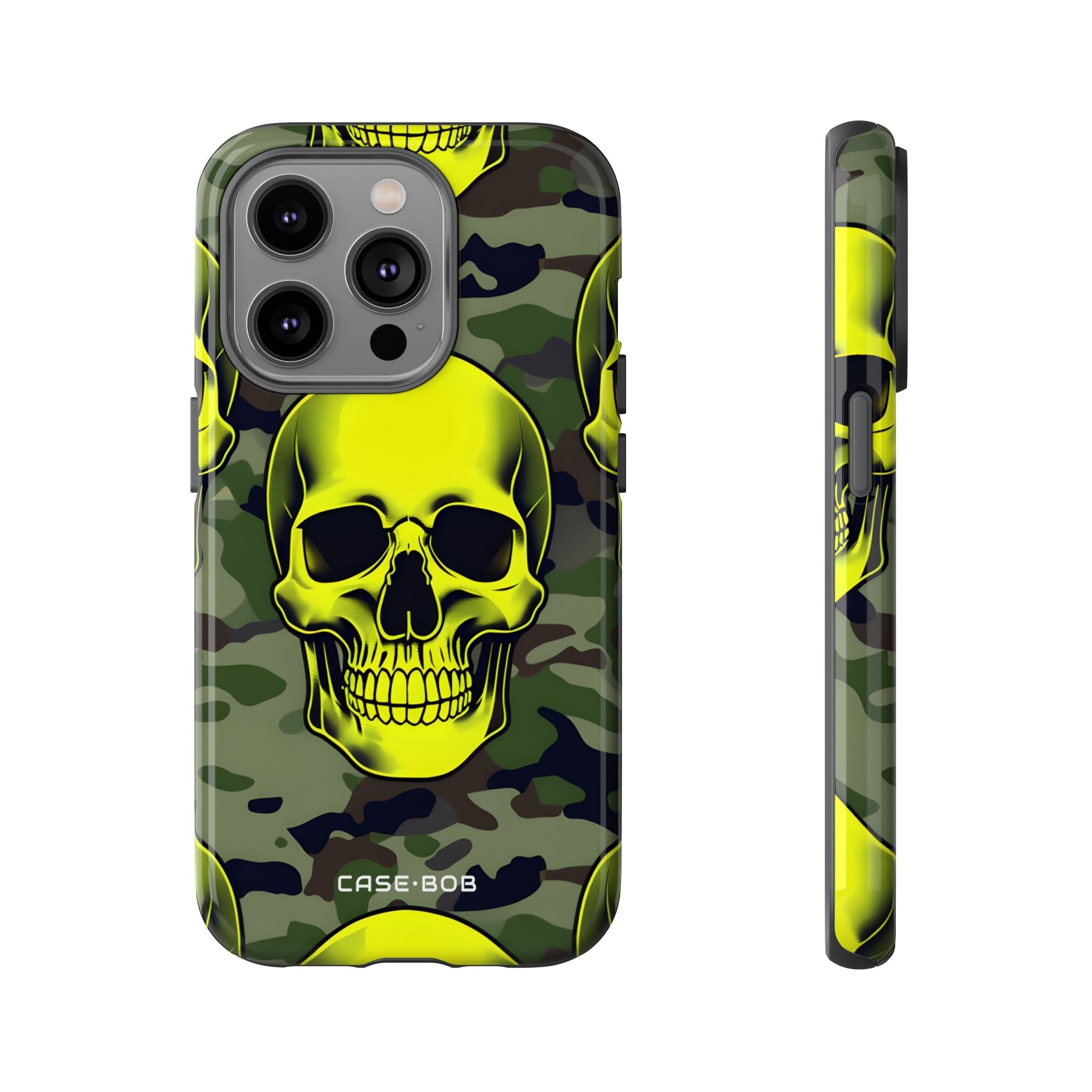 Neon Skull Camo iPhone 14 Pro - Kova suojakotelo