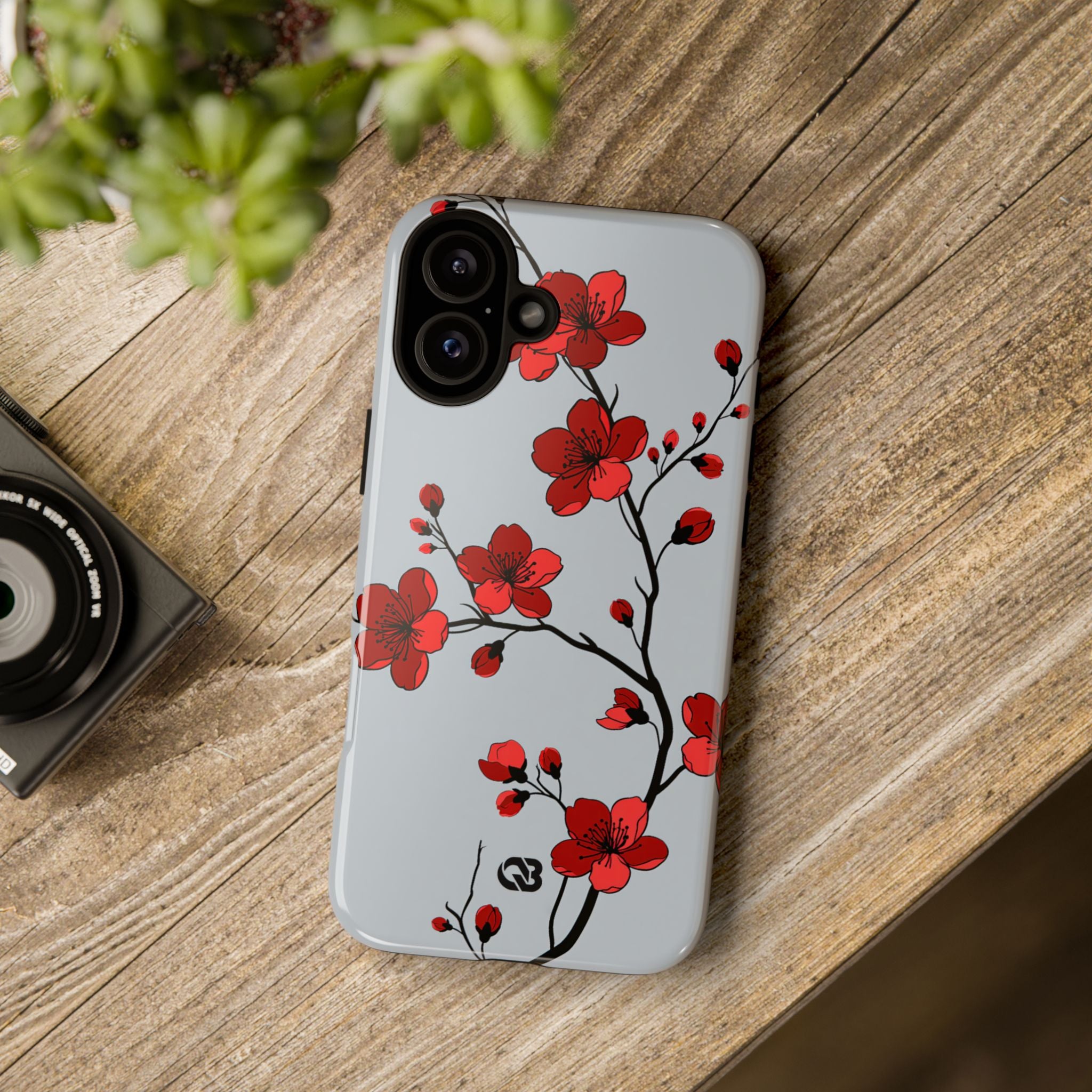 Grey Tough Phone Case for iPhone - Crimson Blossom Onyx