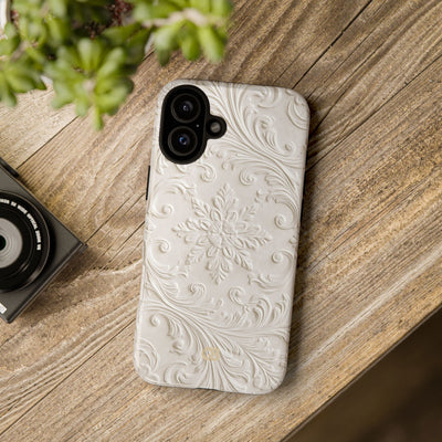White Tough Phone Case for iPhone - Alabaster Floral Relief