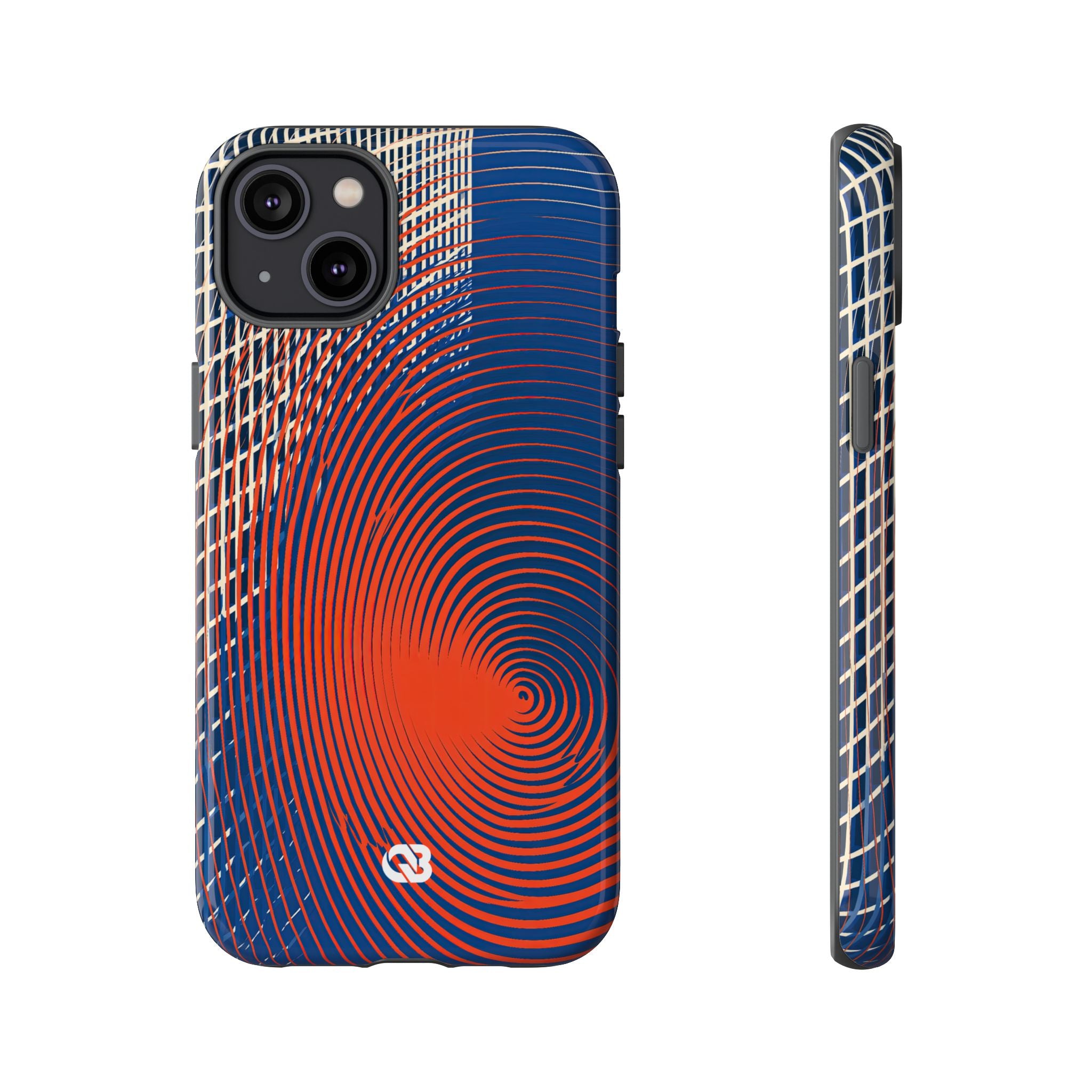 Blue Tough Phone Case for iPhone - Orange Orbit Grid