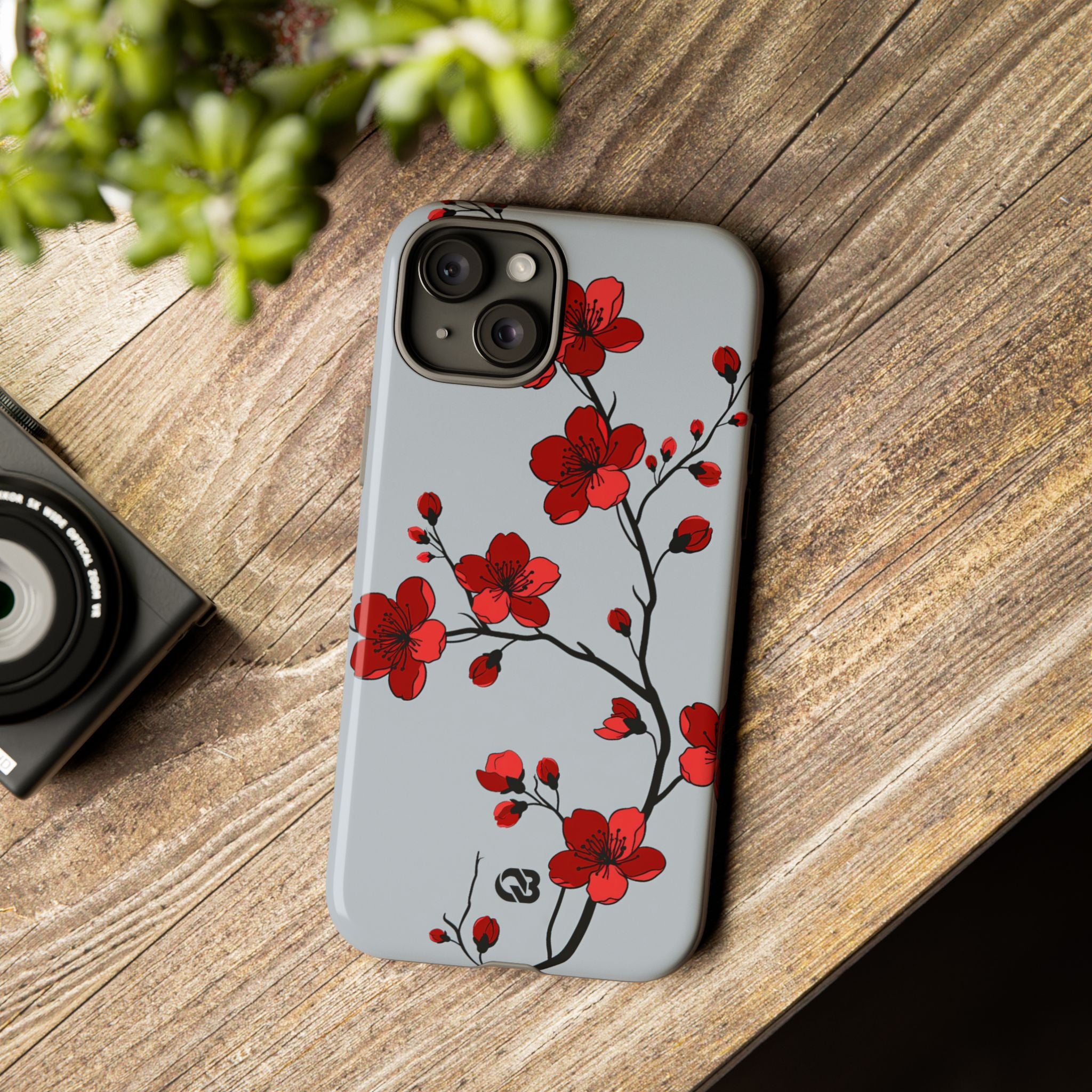 Grey Tough Phone Case for iPhone - Crimson Blossom Onyx