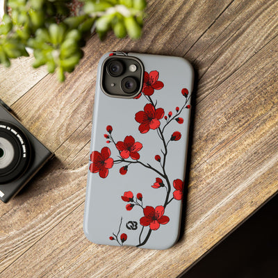 Grey Tough Phone Case for iPhone - Crimson Blossom Onyx