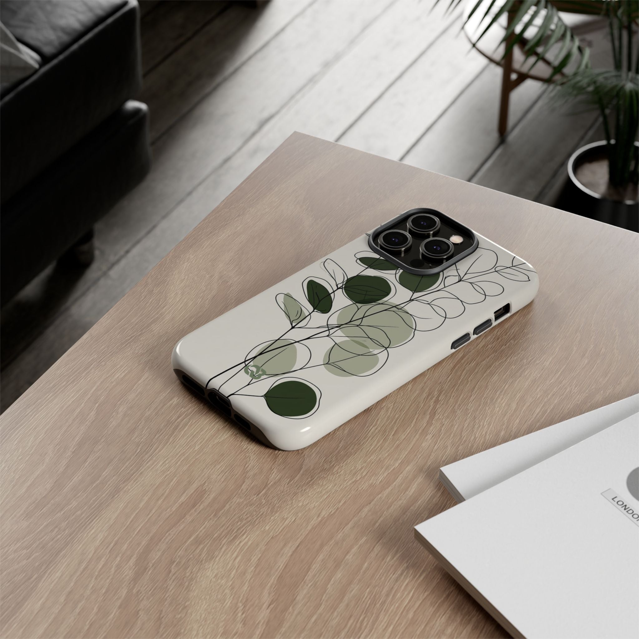 Green Tough Phone Case for iPhone - Muted Eucalyptus Sketch