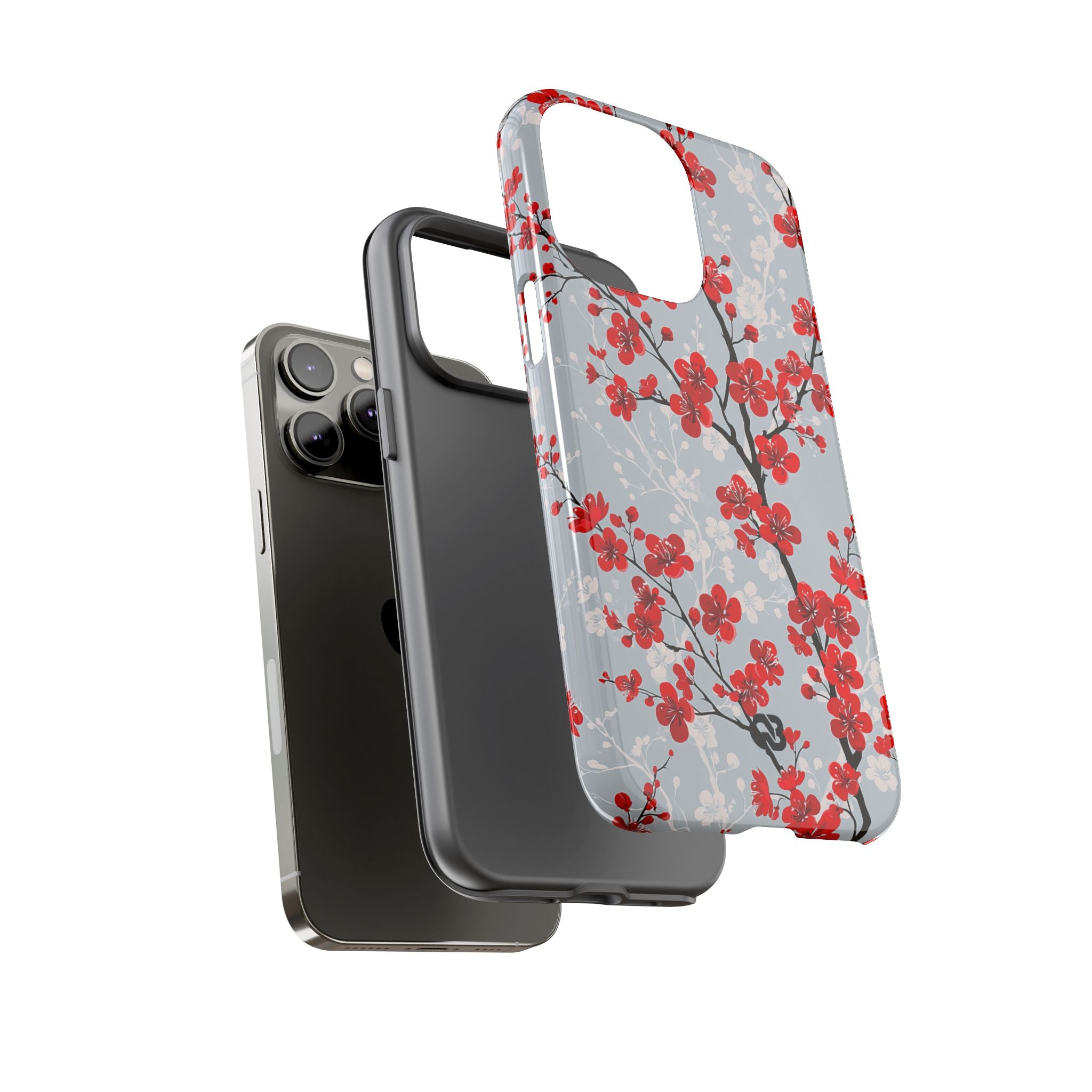 Grey Tough Phone Case for iPhone - Crimson Sakura Slate