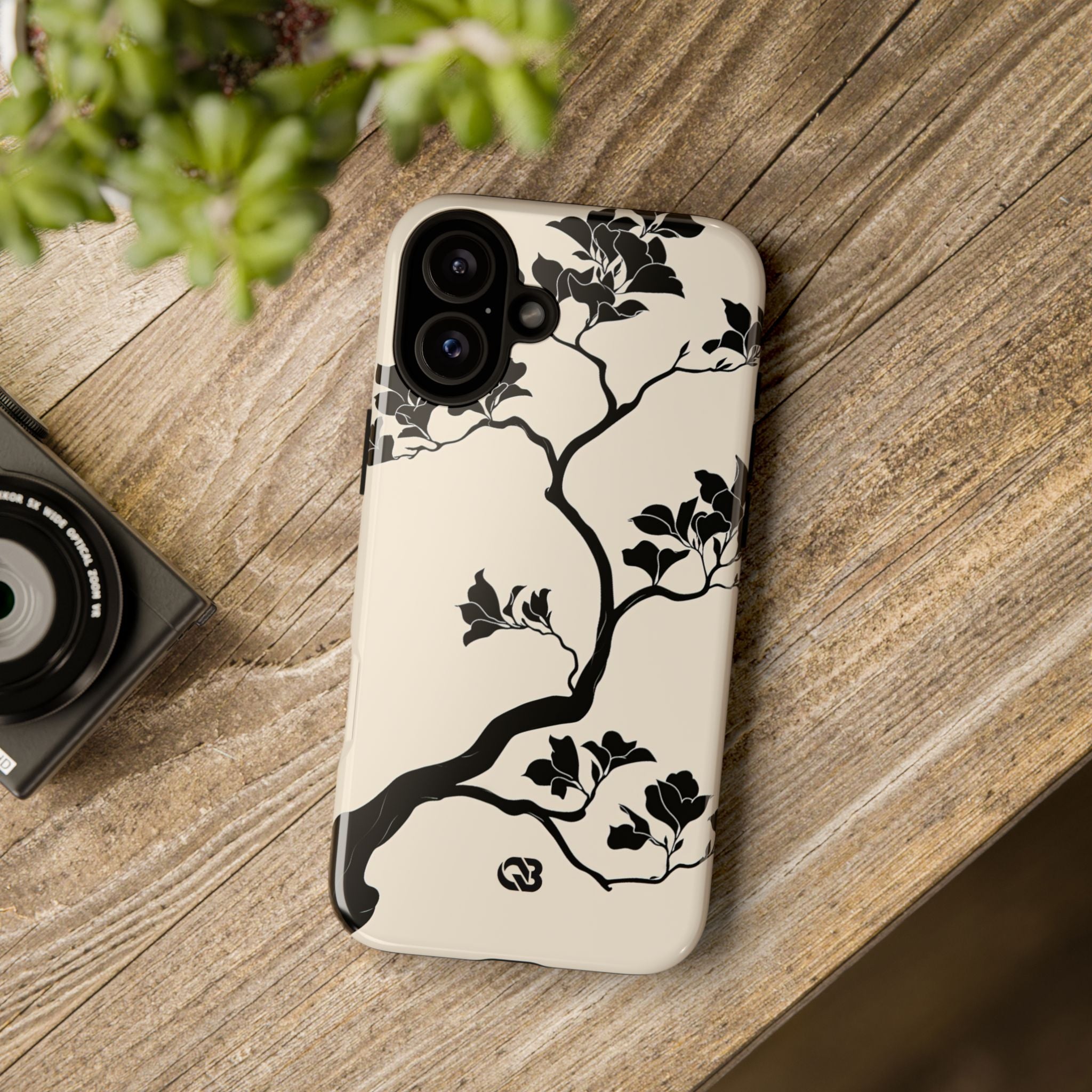 Beige Tough Phone Case for iPhone - Obsidian Bonsai Silhouette