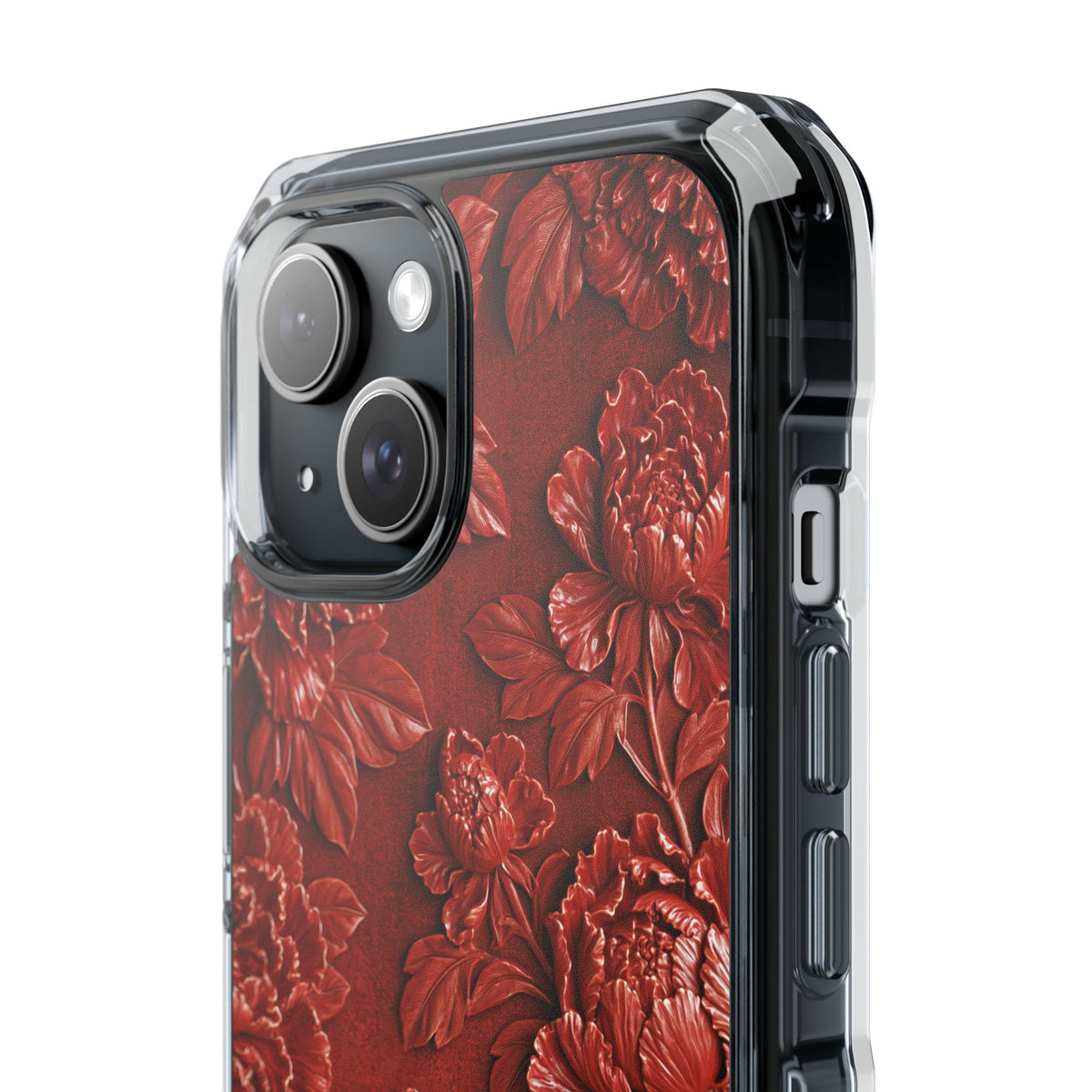 Cinnabar Peony Relief · Clear Impact Magnetic Phone Case for iPhone · Red